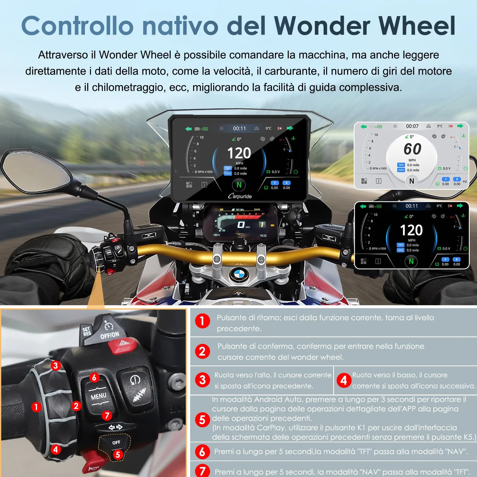 Carpuride W702BS Pro Moto Carplay Schermo con Wonder Wheel per BMW Moto, Senza Fili CarPlay e Android Auto, 7 Pollici Impermeabile Touchscreen, Doppio Bluetooth, Interfono Funzione, Dati Lettura.