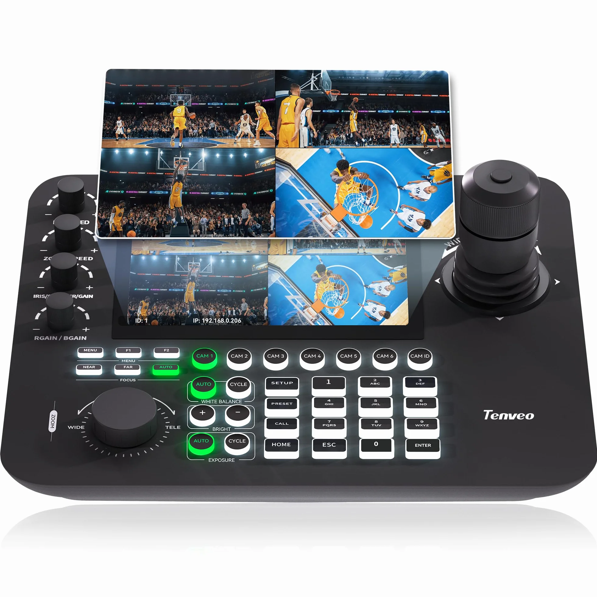 Tenveo Controller per Telecamera PTZ IP NDI con Anteprima a Schermo Quadruplo da 7", Tastiera di Controllo con Joystick 4D per Streaming in Chiesa, Eventi Live, supporta NDI PoE VISCA Pelco-D/P