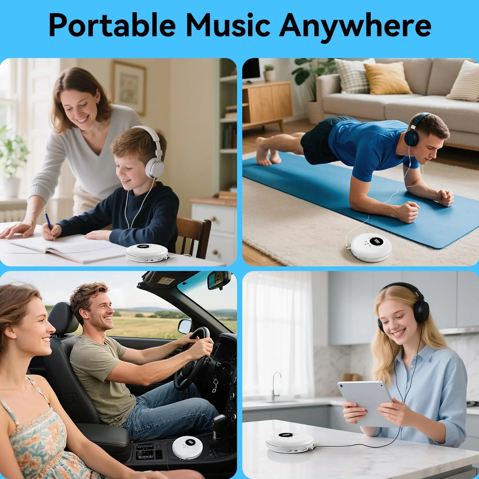 Gueray Lettore CD Portatile Lettori CD Personale con Cuffie Display LCD Anti-Skip Protezione HiFi Classico CD Lettores di Musica Memoria per Auto Casa-Bianco