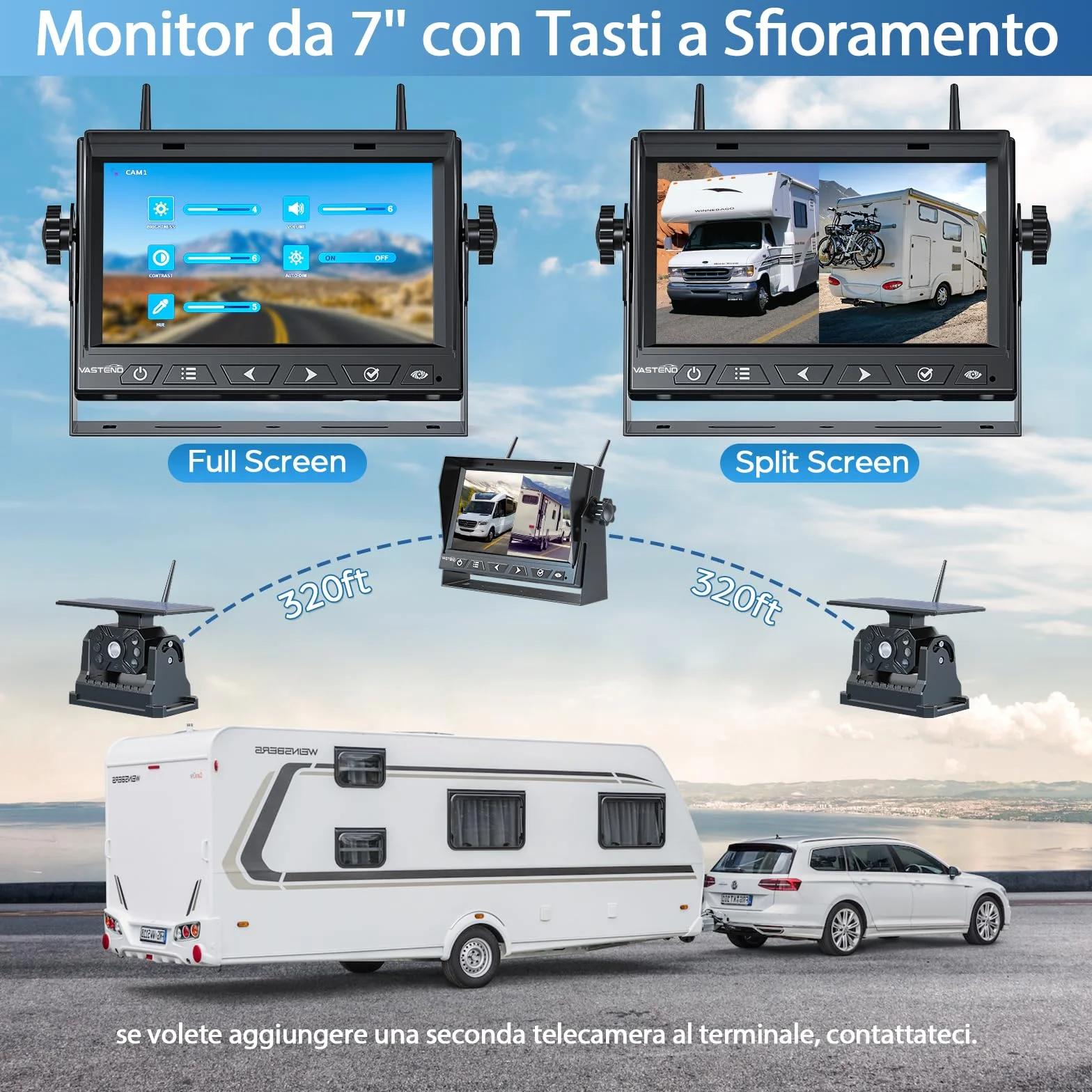Retrocamera Auto Wireless Solare, Magnetica Telecamera Retromarcia con 10000mAh Batteria Ricaricabile, 7 Pollici 1080P Monitor, 170° Grand Angolare, per Camion, Auto, Roulotte(VS-7A)