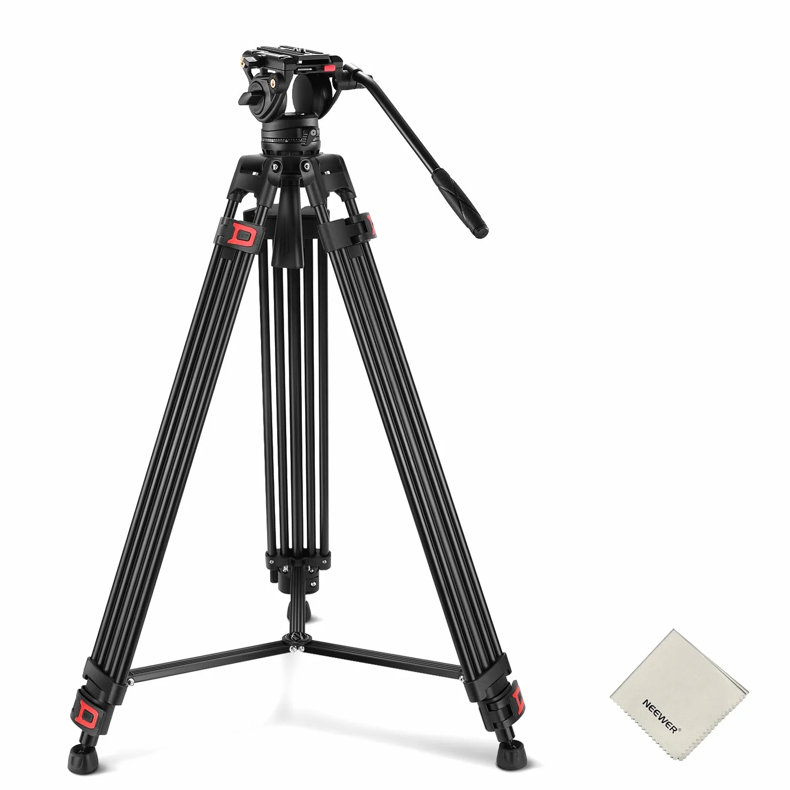 NEEWER Treppiede video da 74" con testa a fluido e controllo dell'attenuazione, in alluminio resistente, professionale, con piastra QR per videocamere DSLR, panno per la pulizia, carico massimo 17,6