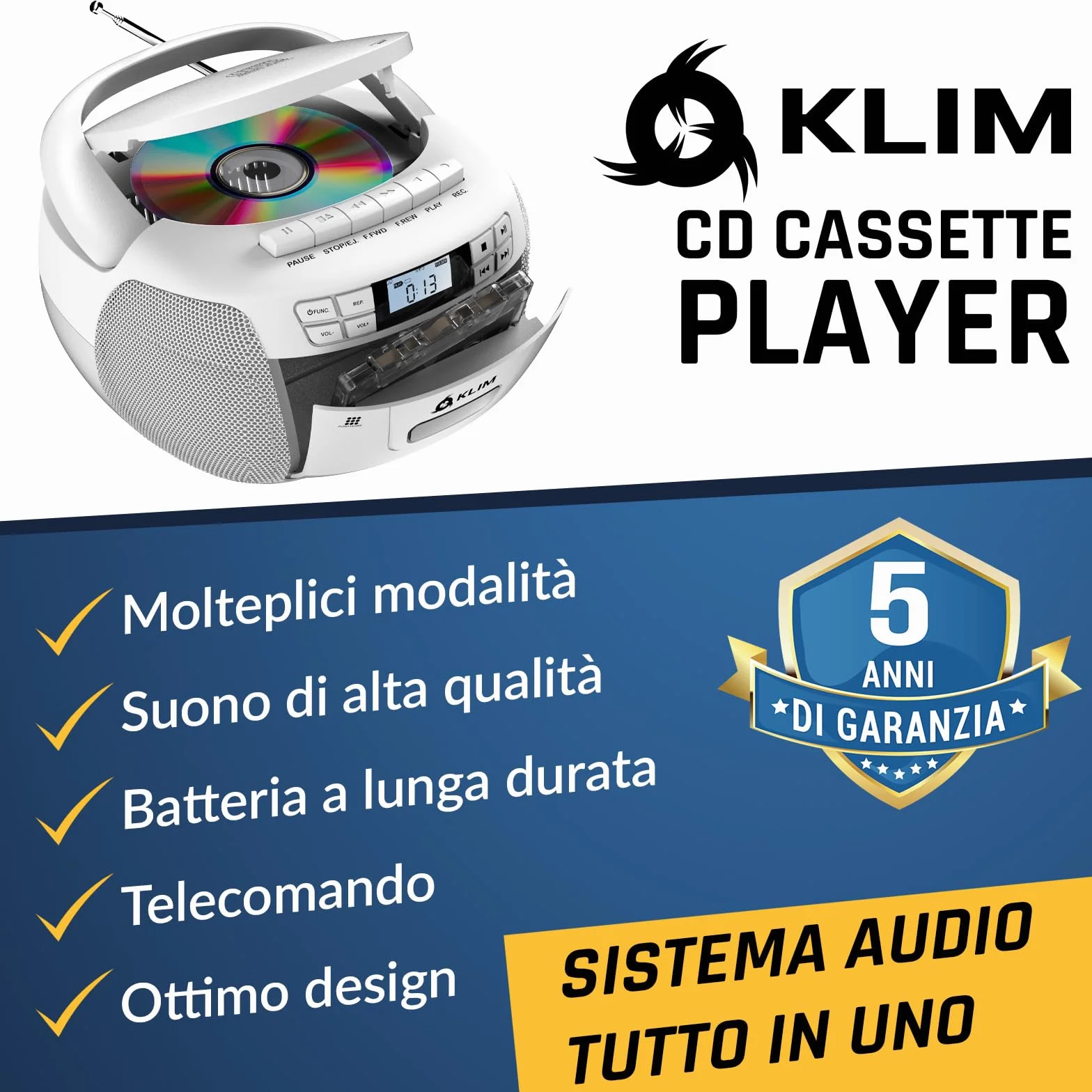 KLIM Lettore CD - Lettore Cassette Audio, AM/FM Radio Bluetooth, Stereo CD Player, Remota, Registrazione Su Nastro, USB Drive, AUX, Radio Stereo Casa Alimentazione AC/DC - Bianco