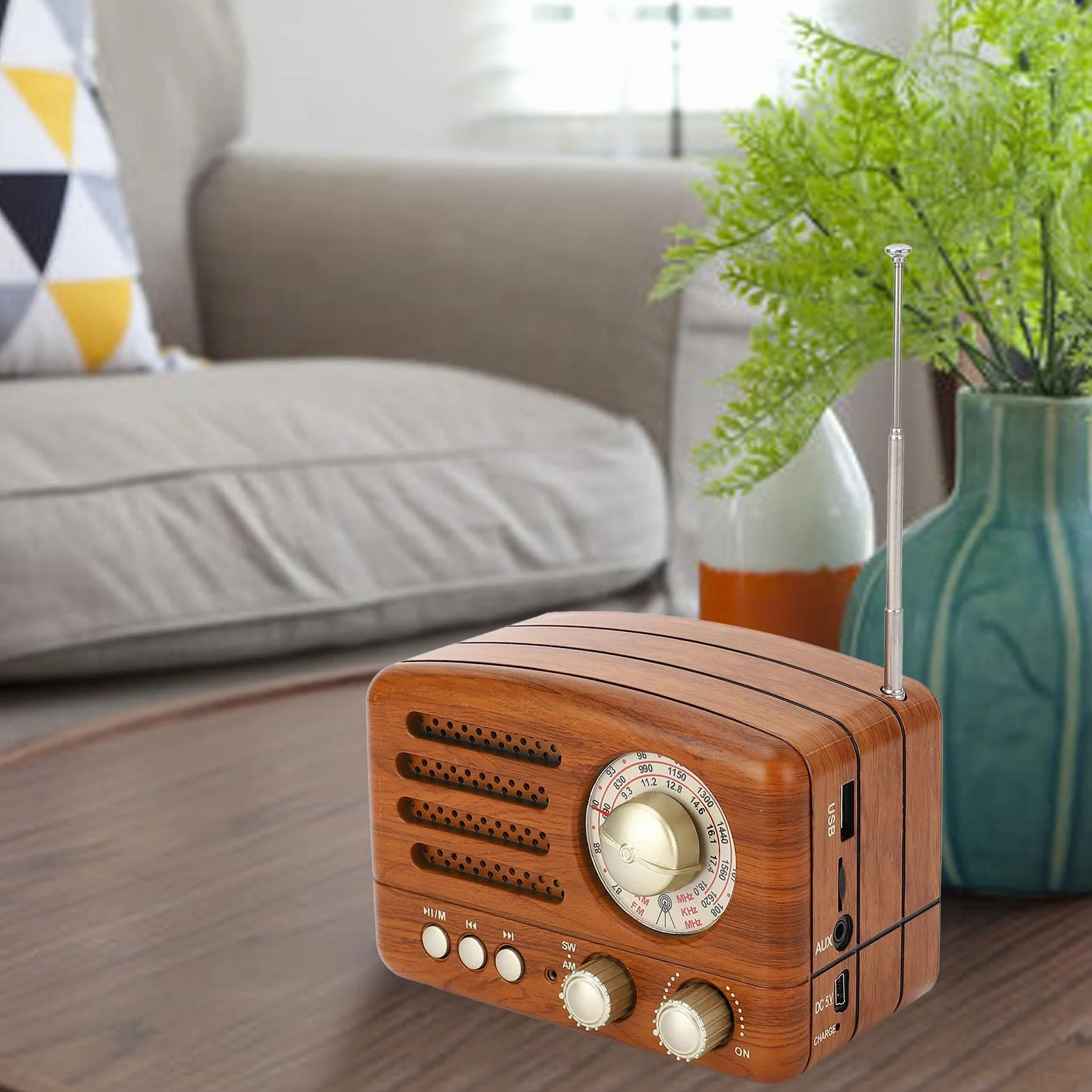 Radio AM FM vintage Altoparlante retrò portatile USB con antenna regolabile, batteria 1800mAh, legno