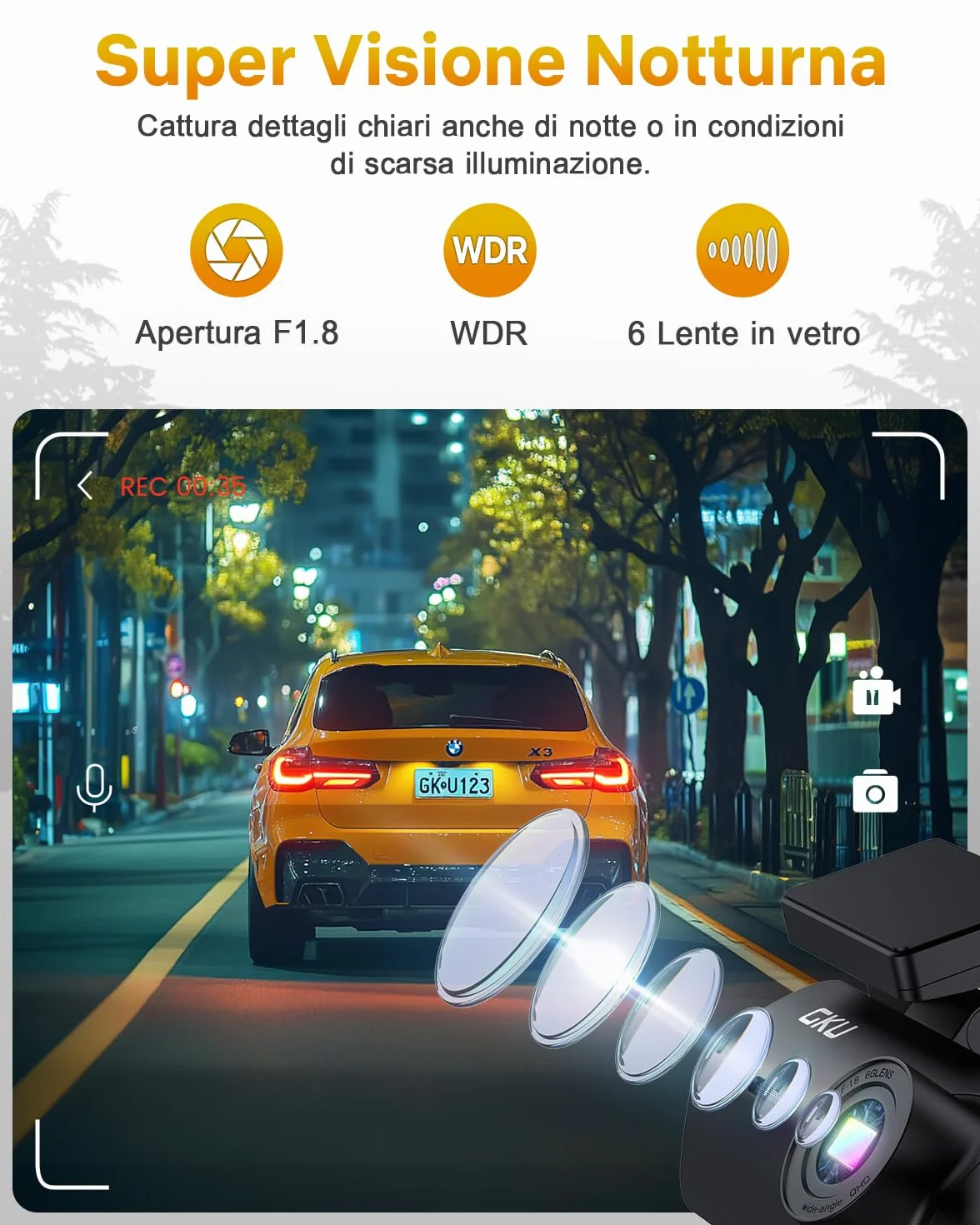 GKU Dash Cam Auto 4K,Dash Cam con UHD 2160P,DashCam Auto con WiFi integrato,Scheda SD 64G,24H Parking Monitor DashCam,Super Visione Notturna,170°Grandangolo,WDR,G-Sensor,Registrazione in Loop,Max 256G