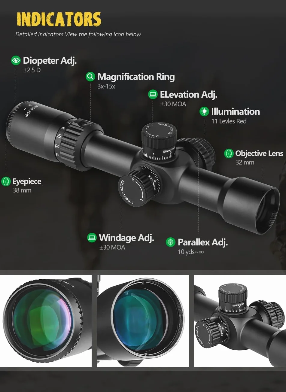 SPINA OPTICS mirino ottico 3-15x32 Mirino a Prima Focale Ottiche Fucile da Caccia con RGB Mil-dot,Impermeabile,Resistente agli urti