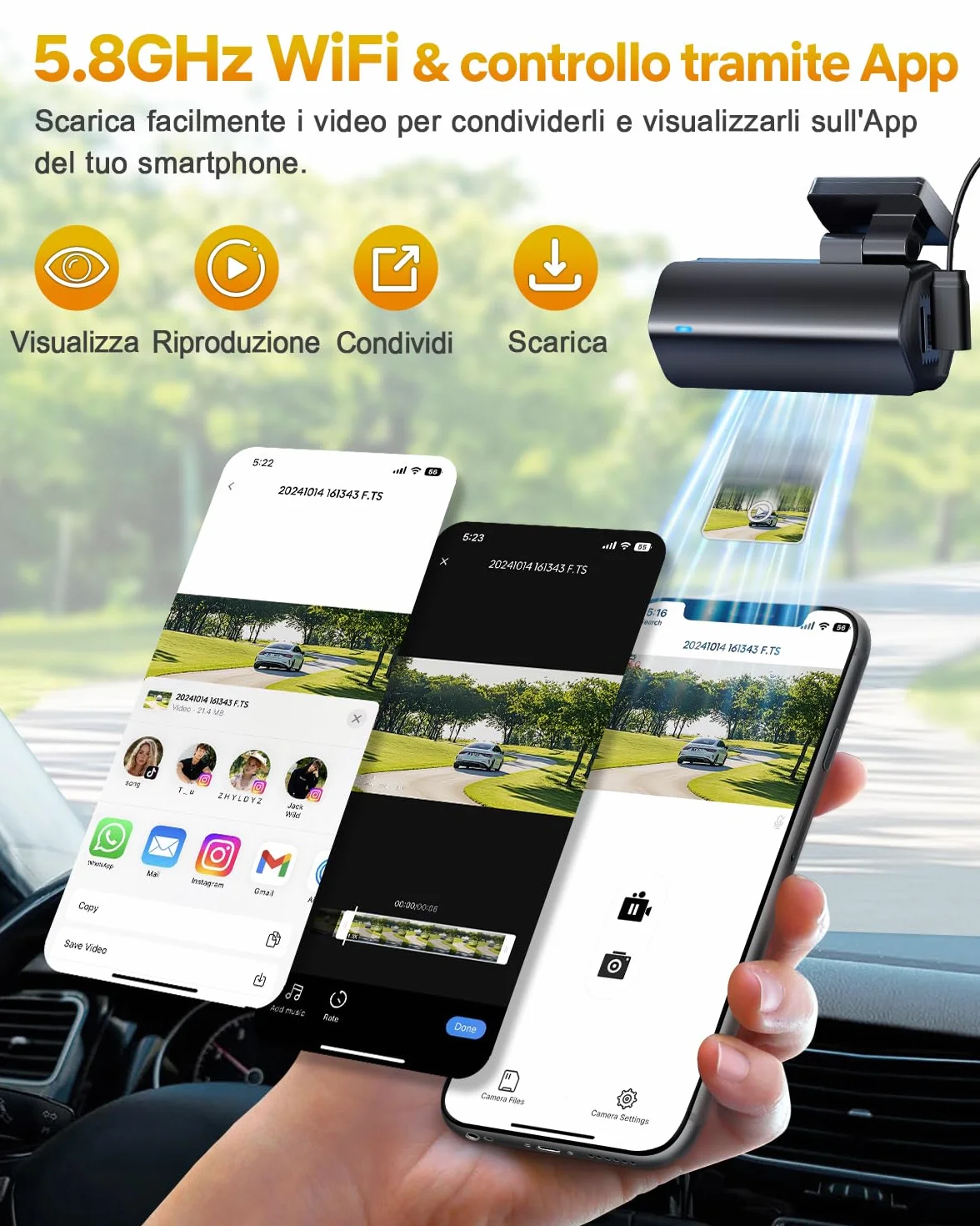 GKU Dash Cam Auto 4K,Dash Cam con UHD 2160P,DashCam Auto con WiFi integrato,Scheda SD 64G,24H Parking Monitor DashCam,Super Visione Notturna,170°Grandangolo,WDR,G-Sensor,Registrazione in Loop,Max 256G