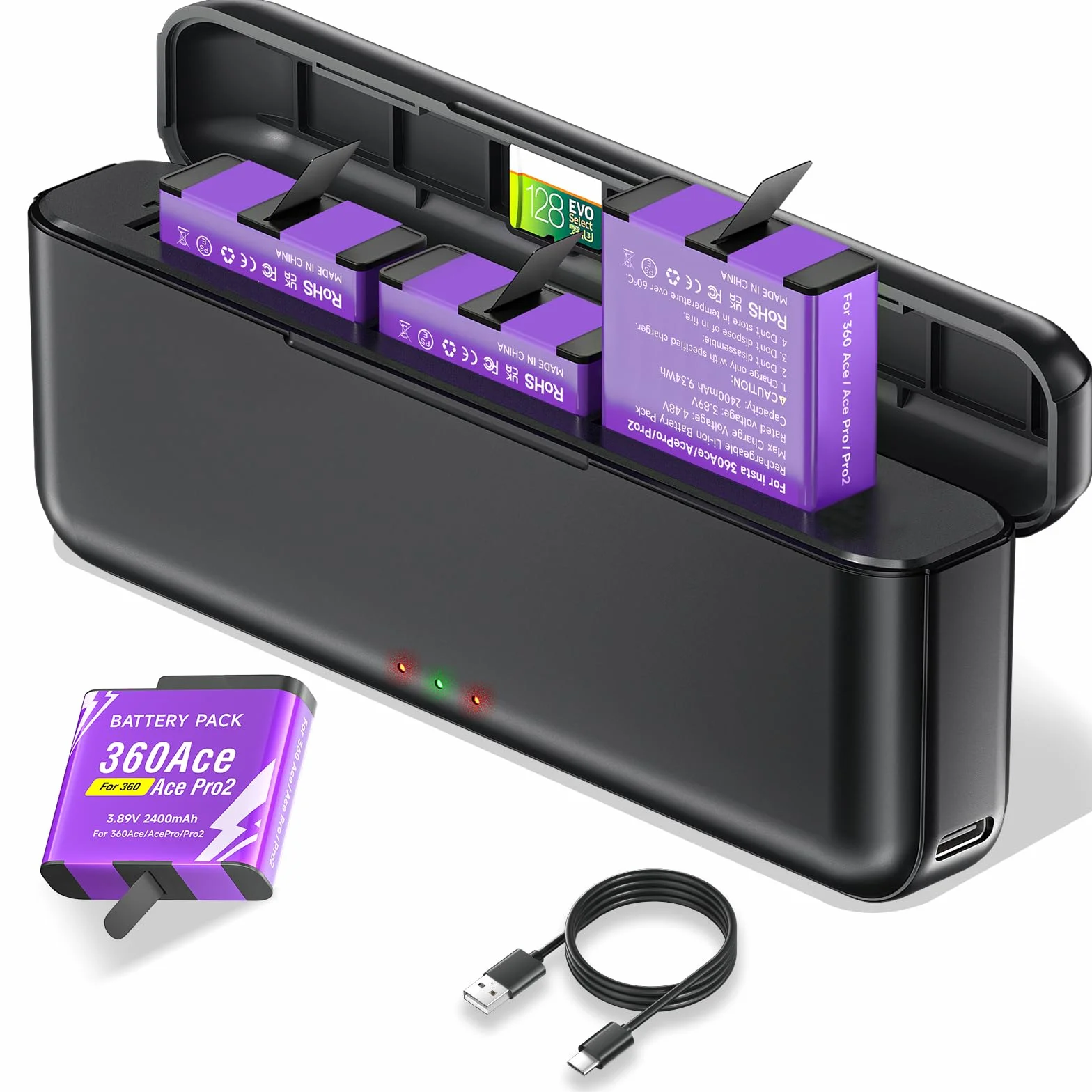 CITYORK Caricabatterie a 3 slot e 2 batterie da 2400 mAh compatibili con Insta360 Ace/Ace Pro/Ace Pro 2, batteria di ricambio per Insta360 Ace/Ace Pro Kit caricabatterie con display LED e cavo USB