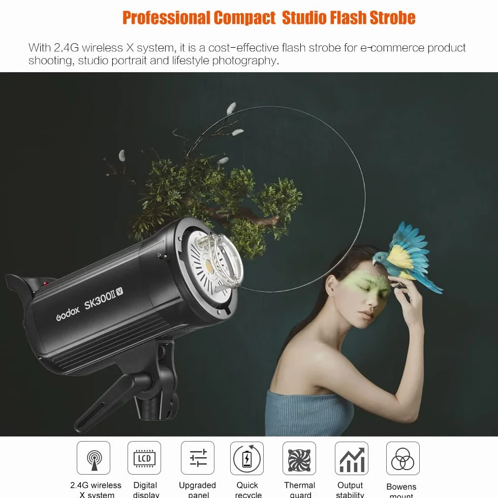 Godox SK300II-V Studio Flash Light 300Ws Potenza GN58 5600±200K Luce stroboscopica integrata Sistema X wireless 2.4G con lampada di modellazione a LED per ritratto di nozze Moda pubblicità fotografia