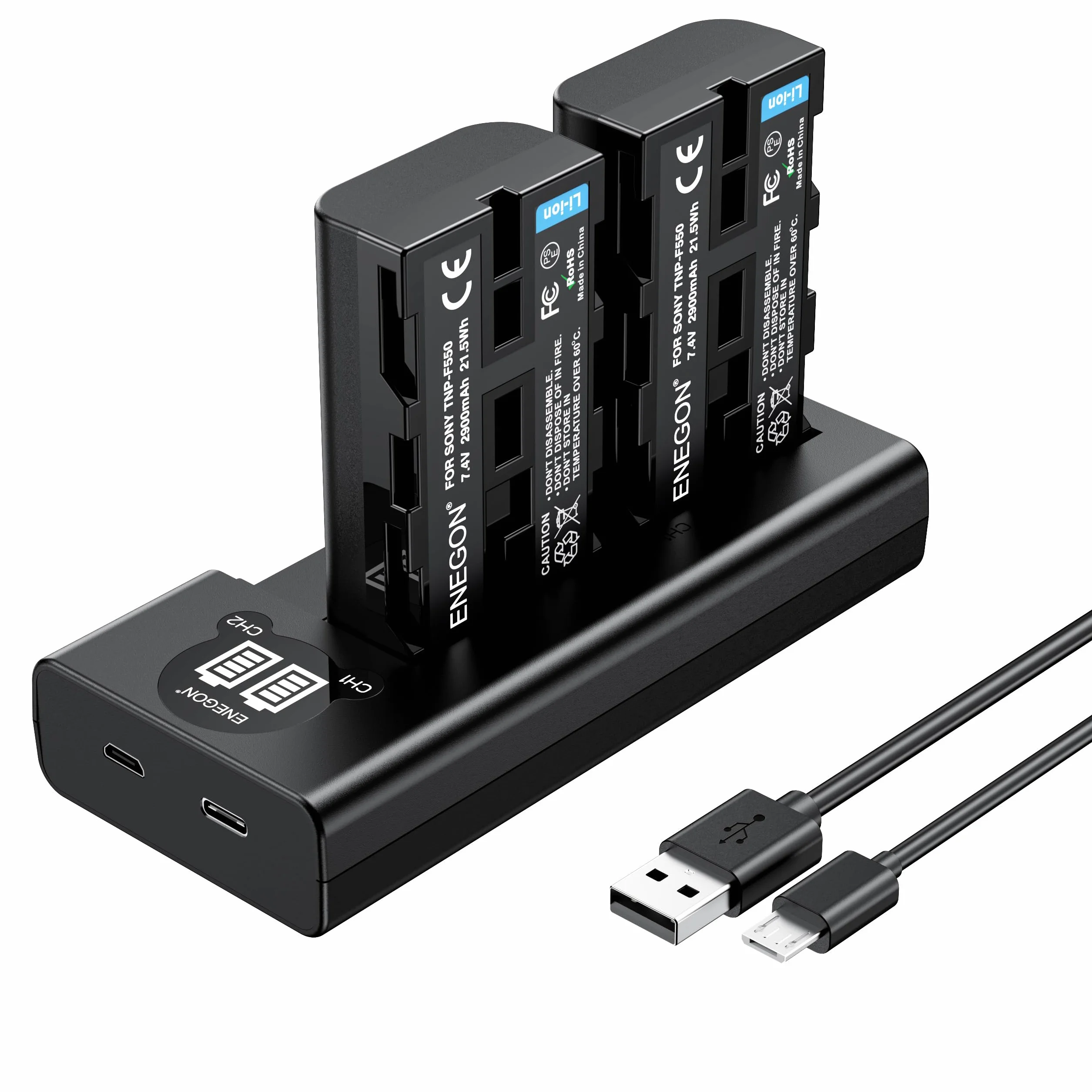 ENEGON NP-F550 Batteria sostitutiva (2 pezzi) e caricabatterie Dual USB intelligente per NP-F980 NP-F970 NP-F960 NP-F950 NP-F930 NP-F770 NP-F750 NP-F570 NP-F550