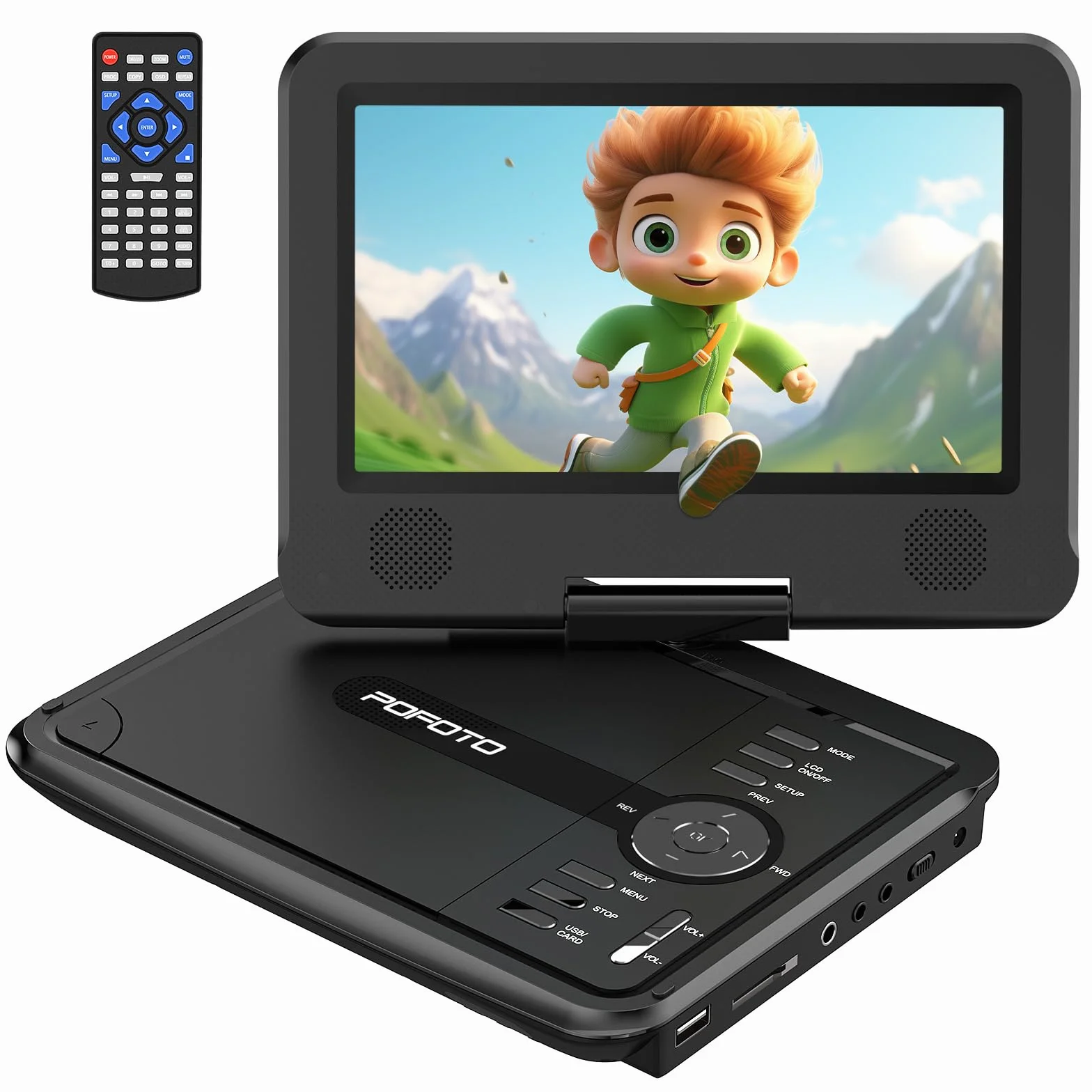 POFOTO Lettore DVD Portatile 9,5'' Schermo HD Ruotabile 7,5'' Batteria 4-6 Ore Supporto Multiformato Dischi SD USB Antiurto