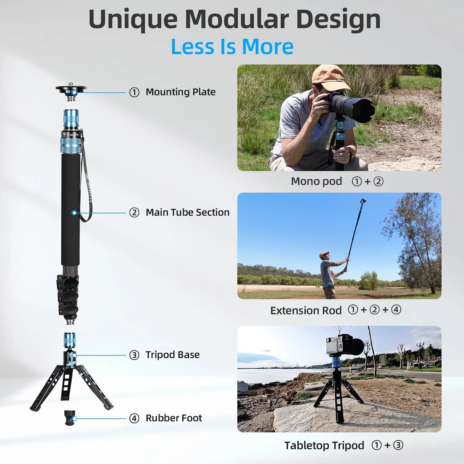 SIRUI P-424FS Monopiede in fibra di carbonio da 160 cm con piedini per fotografia reflex, monopiede fotografico professionale portatile a 4 sezioni per fotocamera, videocamera, carico massimo 12 kg
