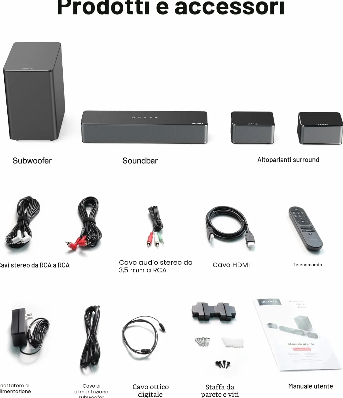 ULTIMEA 5.1 Canali Soundbar, Dolby Atmos, Subwoofer Wireless, 410W Home Theater Soundbar TV, Regolabili Surround e Bassi, Sound Bar Televisore con HDMI-eARC, Poseidon D60