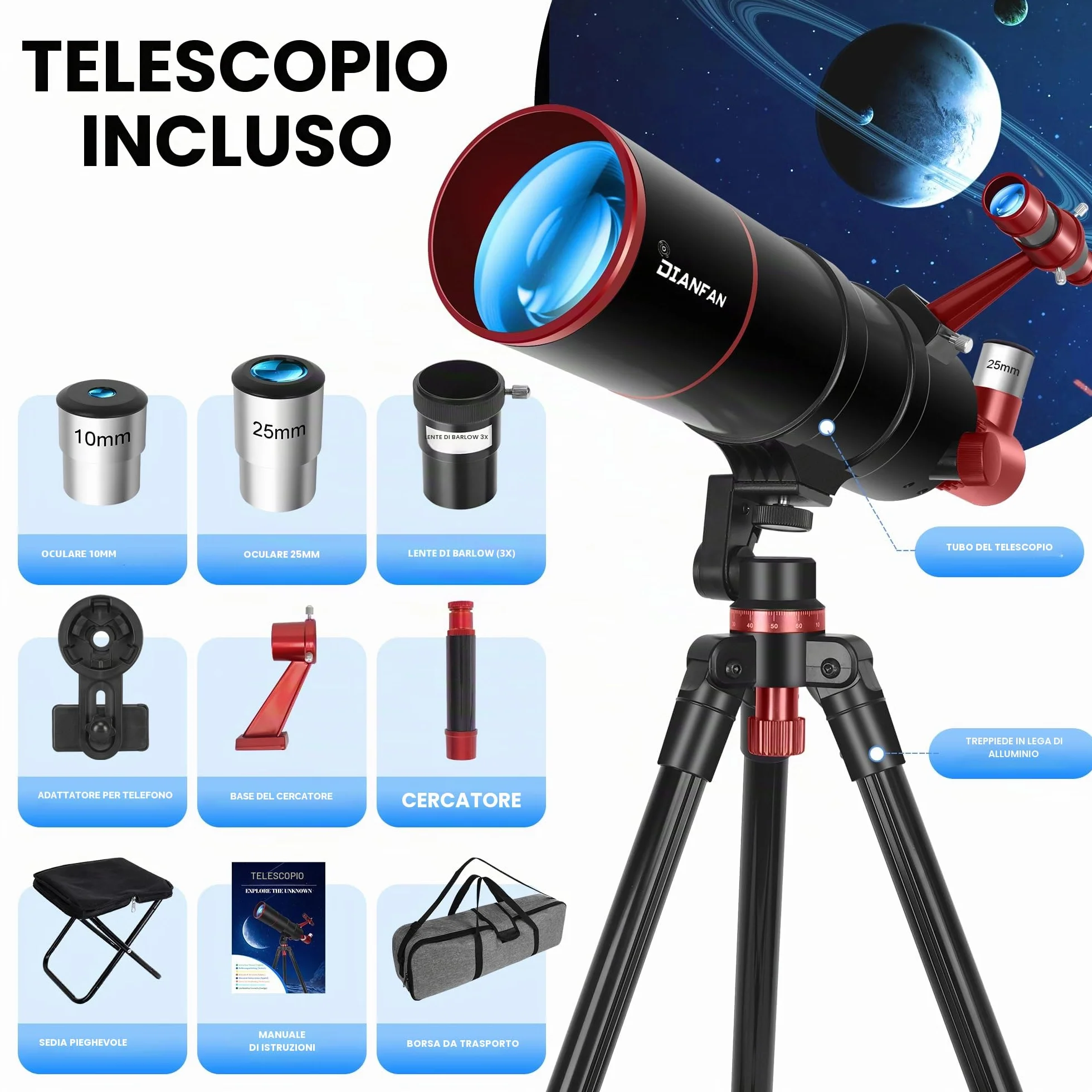 Dianfan Telescopio 90/550 Astronomico Professionale per Adulti, Telescopio Rifrattore Portatile per Principianti con Treppiede, Adattatore Smartphone, Borsa e Sgabello Pieghevole