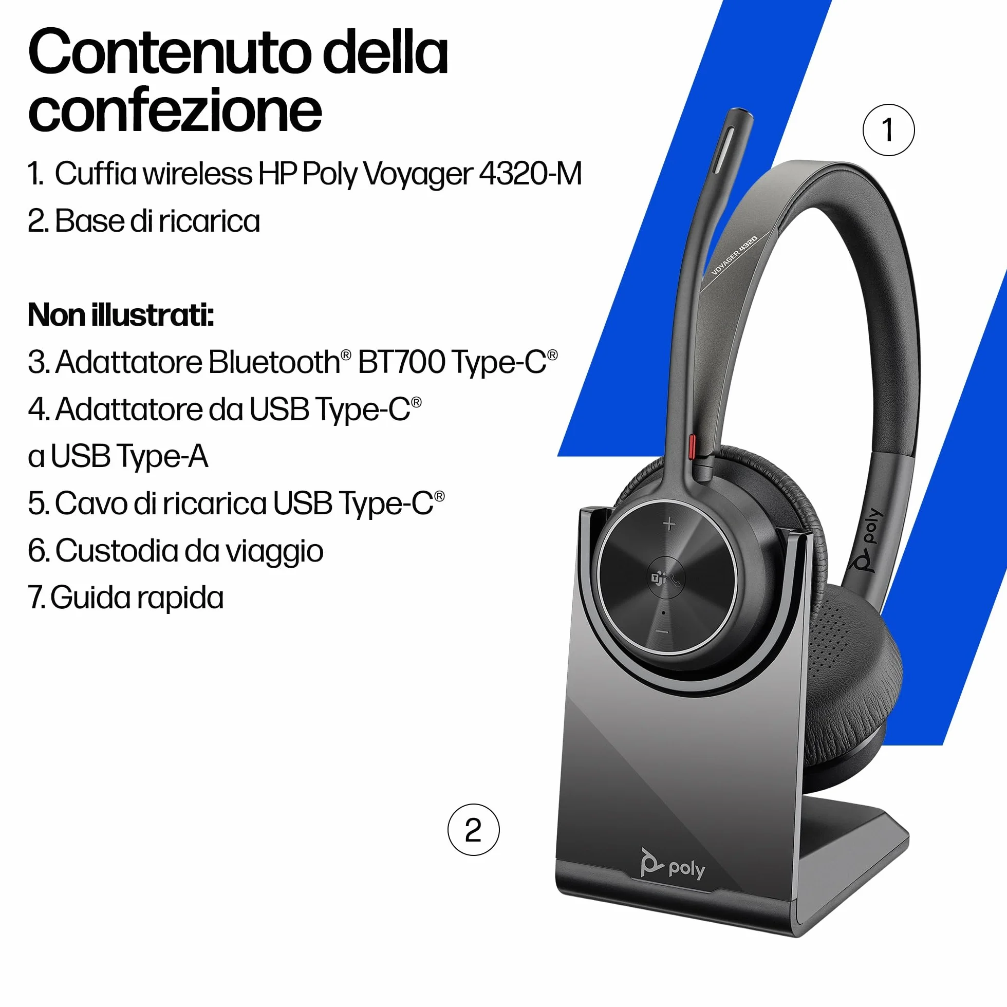 Poly Voyager 4320 UC, Cuffia Senza Filo, Connessione Bluetooth 5.1 e Dongle USB-C BT700, Cuscinetti in Similpelle, Autonomia 24 Ore, Base per Ricarica, Compatibile con Windows 10 e macOS, Nero