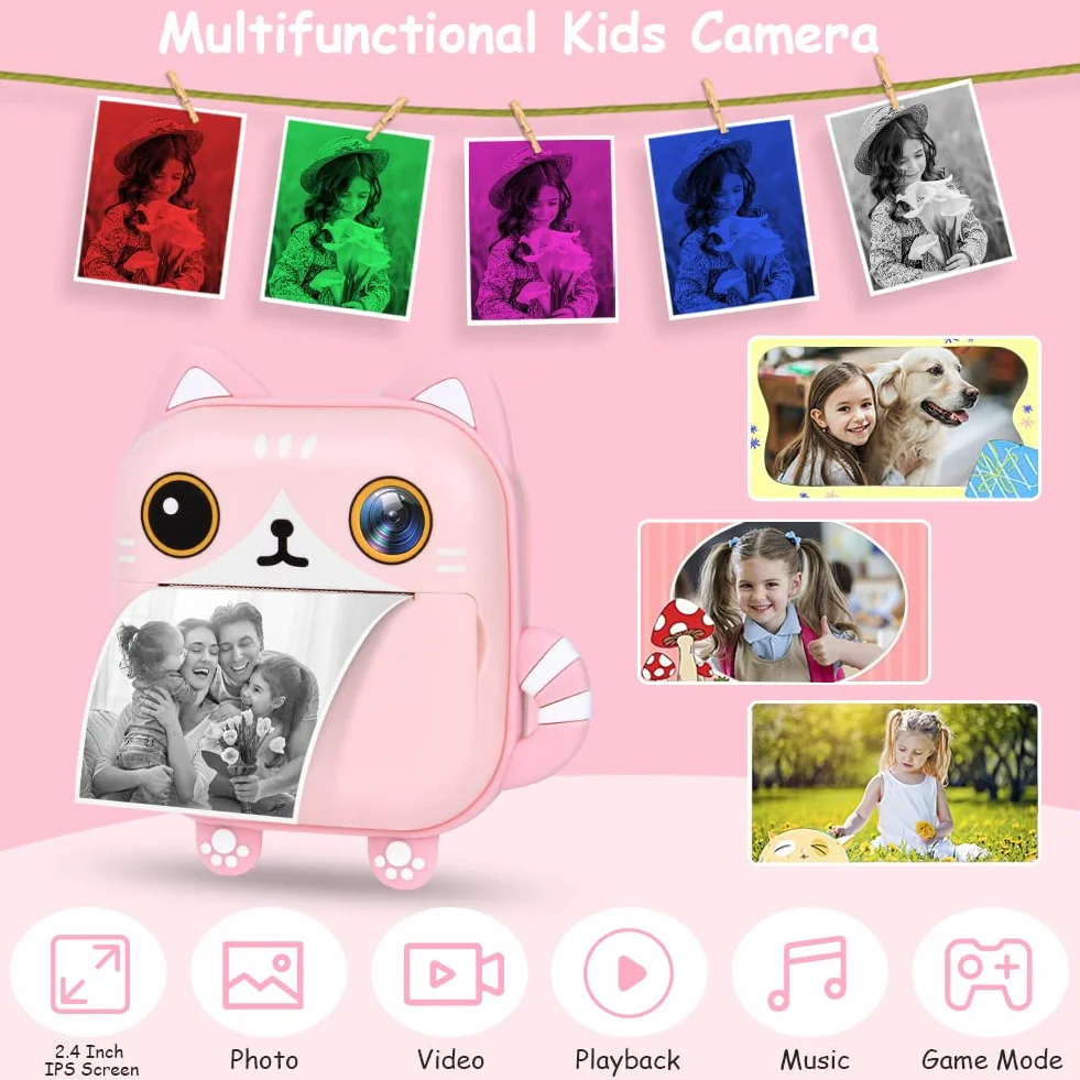 Ainiv Macchina Fotografica Istantanea per Bambini,1080P HD Digitale Fotocamera Instant Print, 2.4 Pollici con Selfies+32GB SD Scheda+3 Rotoli di Carta da Stampa,Regali per Ragazze Ragazzi da 3-12 Anni