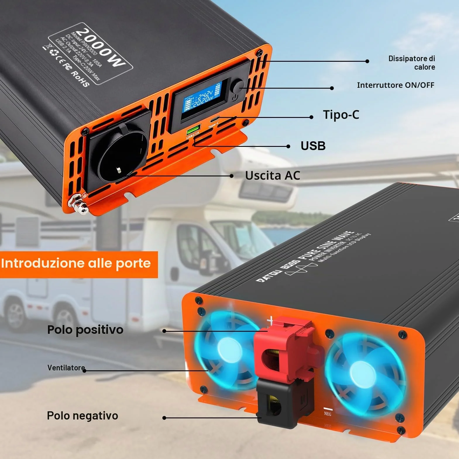 DATOUBOSS Inverter 24v 220v/230v Onda Pura 2000W/4000W, Inverter Onda Pura 2000W, Convertitore 24v 220v 2000w con LCD Display & Type-C e 1 presa AC e 1 Porta USB per Auto,Camion, Camper