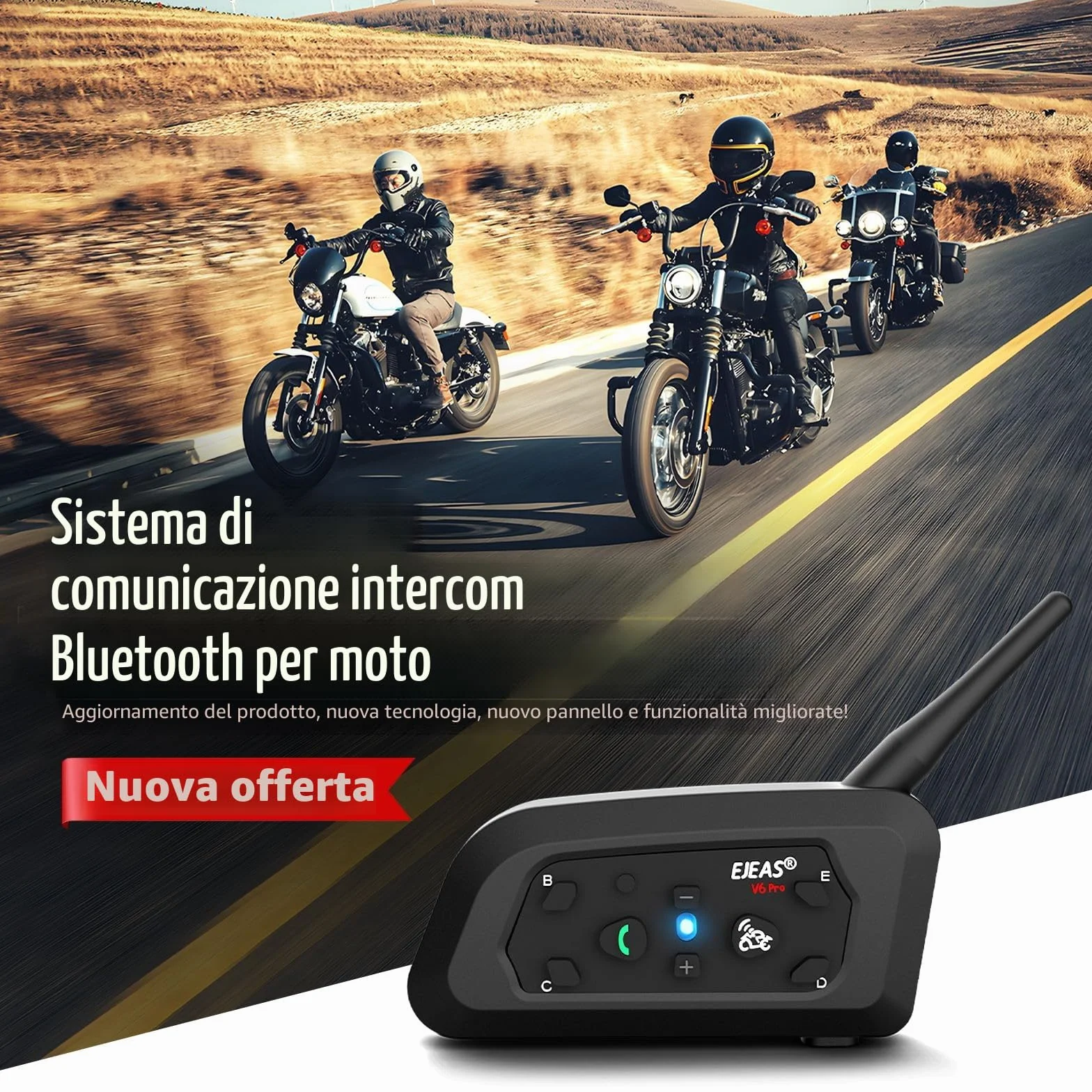 EJEAS V6 Pro+ Interfono Bluetooth per Casco Moto, Sistema di Comunicazione Bluetooth 5.1, Interfaccia Tipo C, 2 Confezione