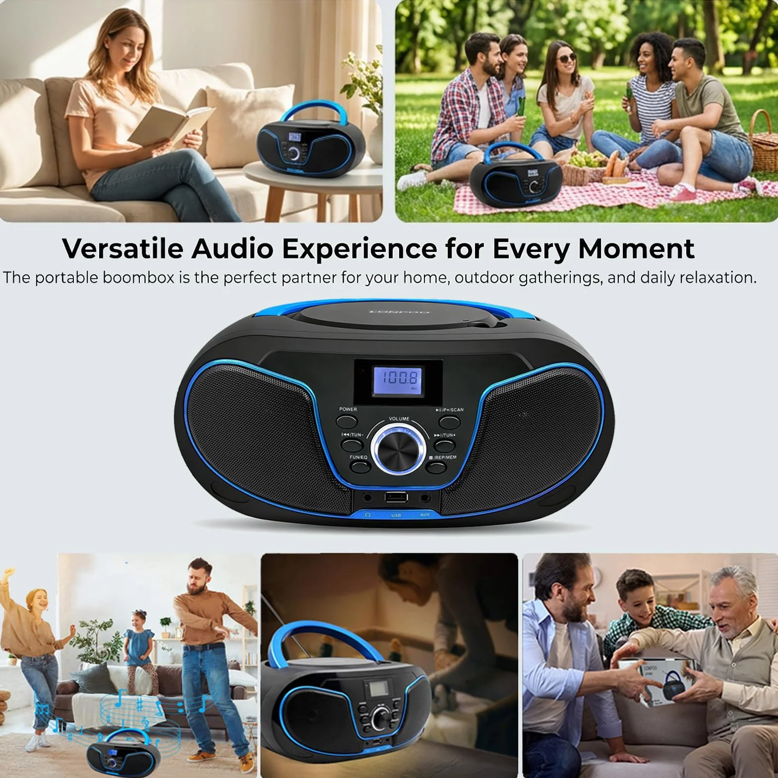 LONPOO Lettore CD Boombox Portatile - Stereo con Radio FM, Ingresso Bluetooth, USB, AUX, Uscita Auricolari, Audio Domestico Compatto, AC o Alimentato a Batteria (LP-D02)