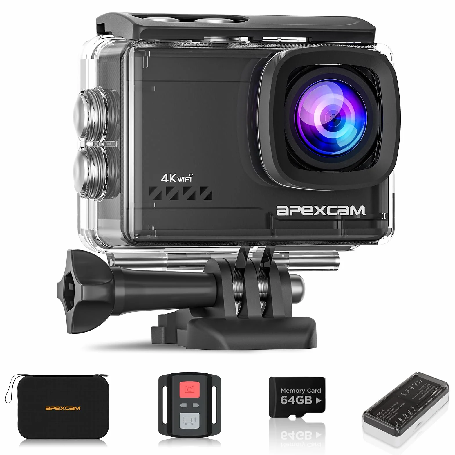 Apexcam 4K 60FPS EIS Action Cam 64MP Con Scheda di Memoria 64GB WiFi Sports Camera Ultra HD Telecamera subacquea 40M 2.4G Telecomando Time Lapse 2x1350mAh Batterie