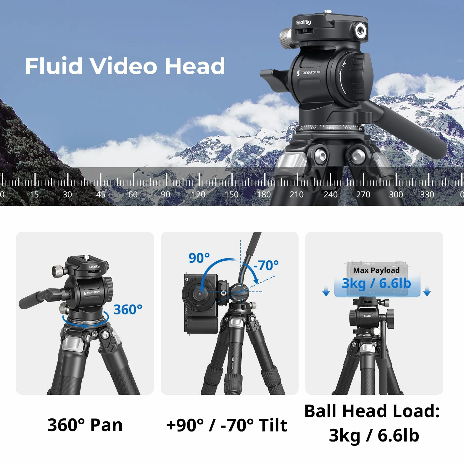 SMALLRIG Kit Treppiede da Tavolo Portatile in Fibra di Carbonio, Tavolo Compatto da 17'' con Testa Video ad alta Capacità di Carico, Carico Massimo 3 kg/6,6 libbre per Fotocamere, DSLR