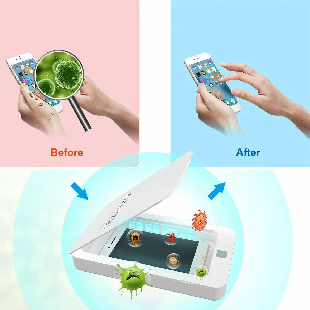 Scatola disinfettante con luce UV, scatola per la pulizia del telefono cellulare, scatola per la pulizia UVC portatile, per aromaterapia, sterilizzatore UV a 360° per telefono, spazzolini da denti