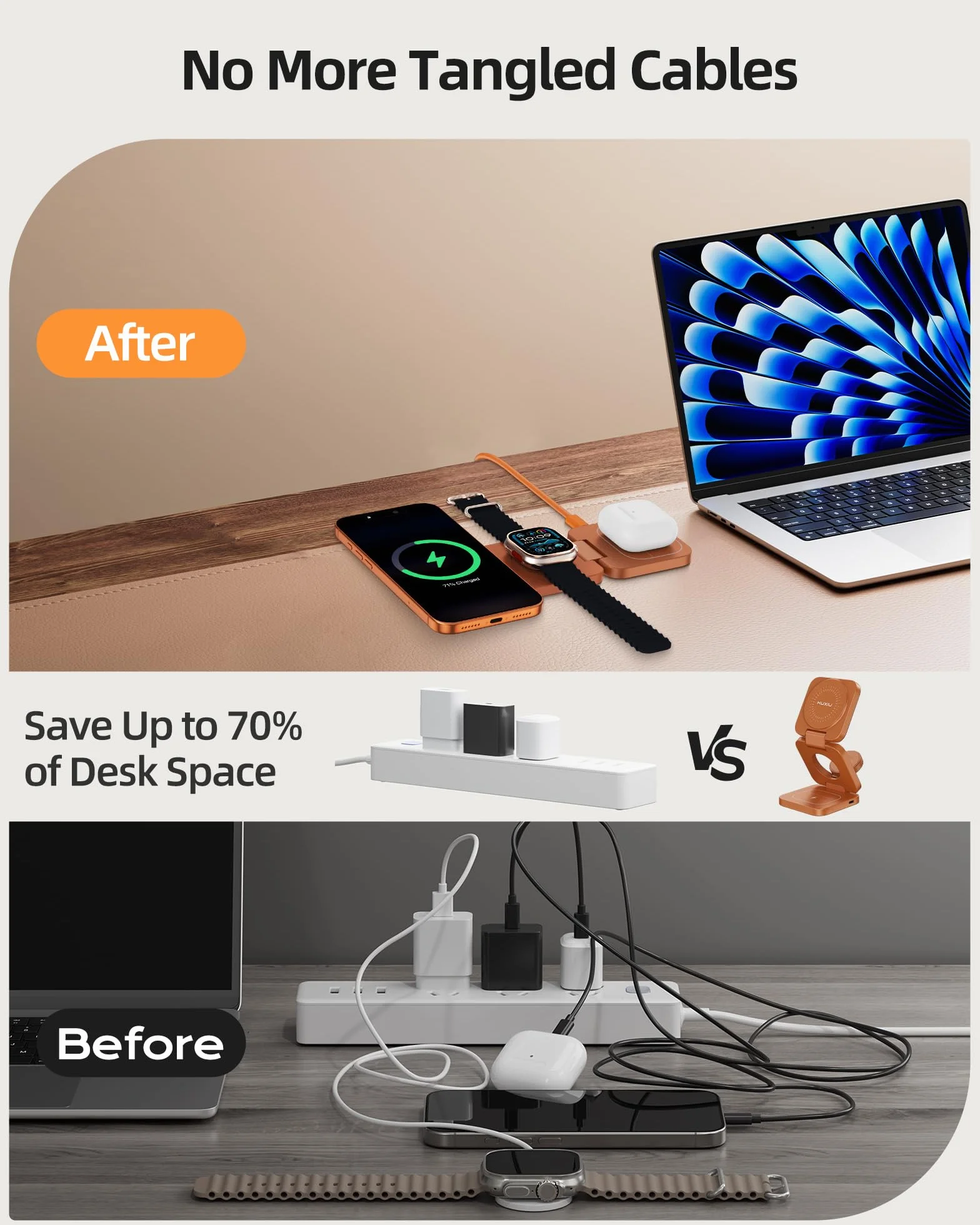 KU XIU X55 Turbo Qi2.2 25W Caricatore Wireless per Magsafe, Pieghevole Stazione di Ricarica 3 in 1, Magnetico Wireless Charger Base per iPhone 17-12 & Watch & AirPods, Adattatore incluso, Arancio