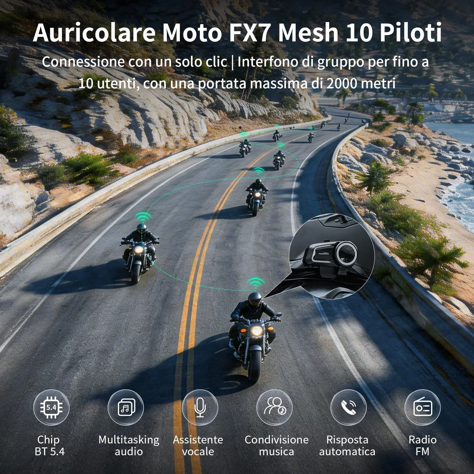 Fodsports FX7 10 - Utenti Mesh Interfono Moto Coppia | Condivisione Musicale, 2000m Interfono per Casco, Doppio Chip V5.4 Auricolari Moto con Multitasking Audio & FM