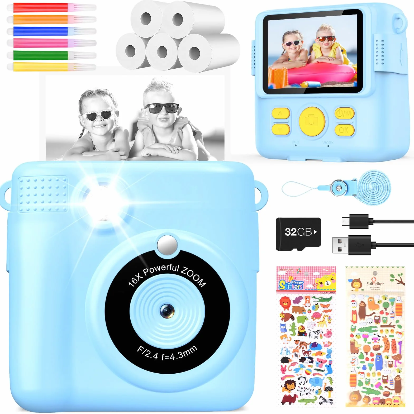 Fotocamera digitale per bambini, con stampa istantanea, 1080P, in bianco e nero, per foto (blu)..