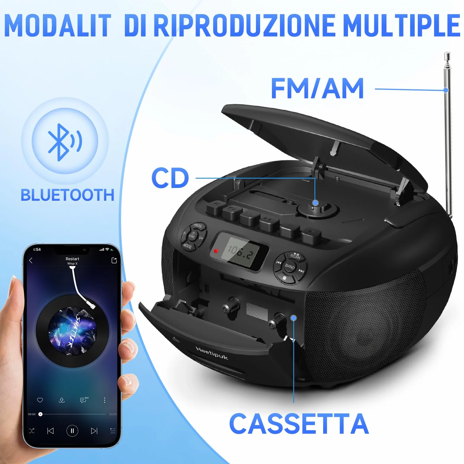 Lettore CD Radio Portatile, CD Player FM/AM con Jack per Cuffie, Stereo Cassa Bluetooth, lettore CD a Cassette con Ingresso Audio USB/AUX, Display LCD per Casa, Regalo (Nero)