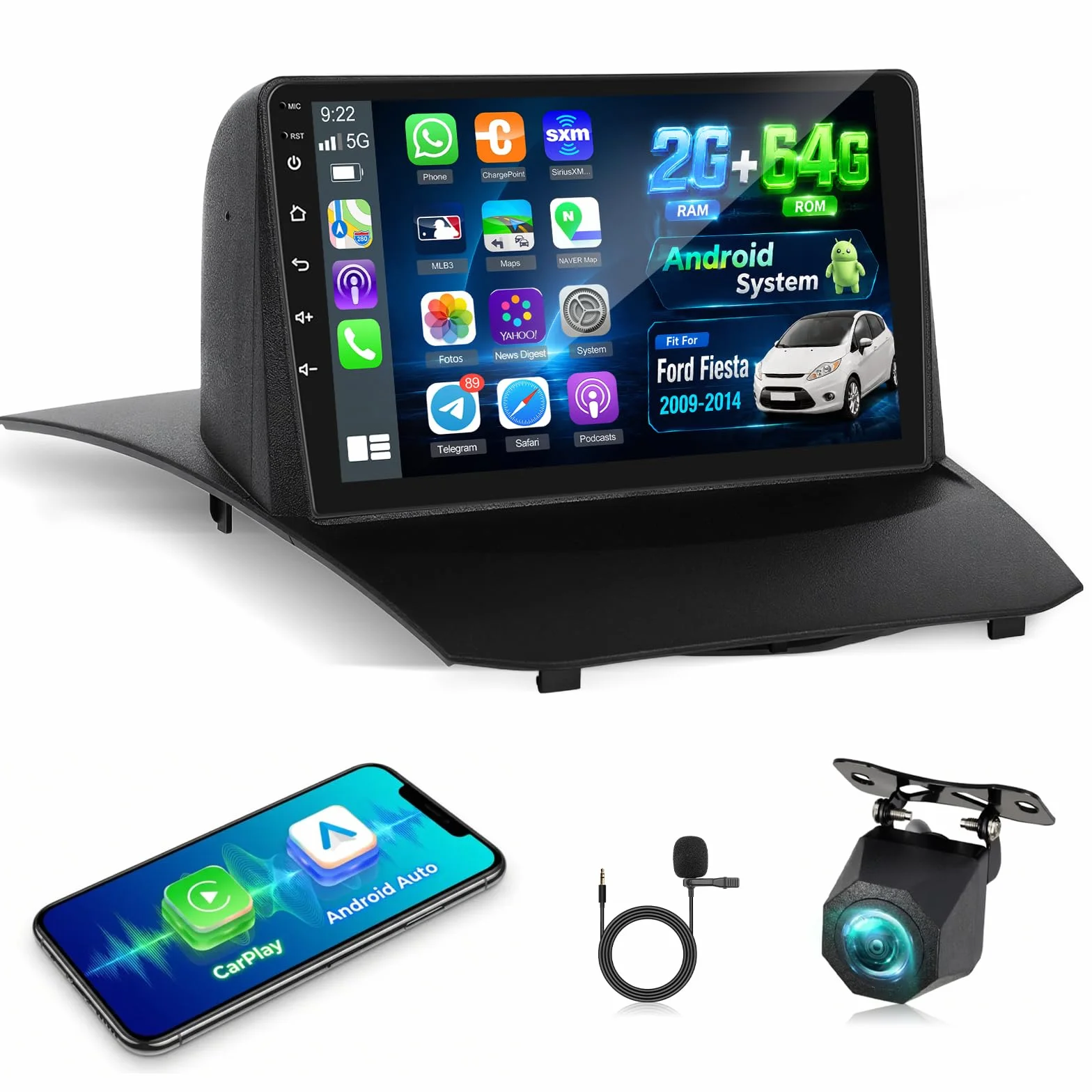 NHOPEEW Autoradio Android 2+64G per Ford Fiesta 2009-2017 con supporto per CarPlay wireless e Android Auto FM RDS navigazione GPS comandi al volante 40 temi dell'interfaccia utente e video online