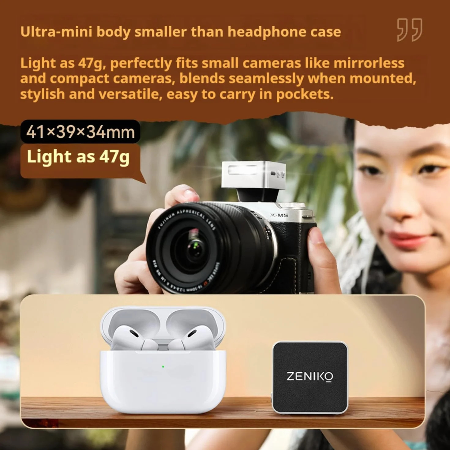 ZENIKO ZT08 F - Mini flash TTL per fotocamere Fuji da 47 g, ricarica USB-C, grandangolo da 28 mm, design retrò con display OLED, 740 flash completo, compatto e facile da viaggiare (argento)