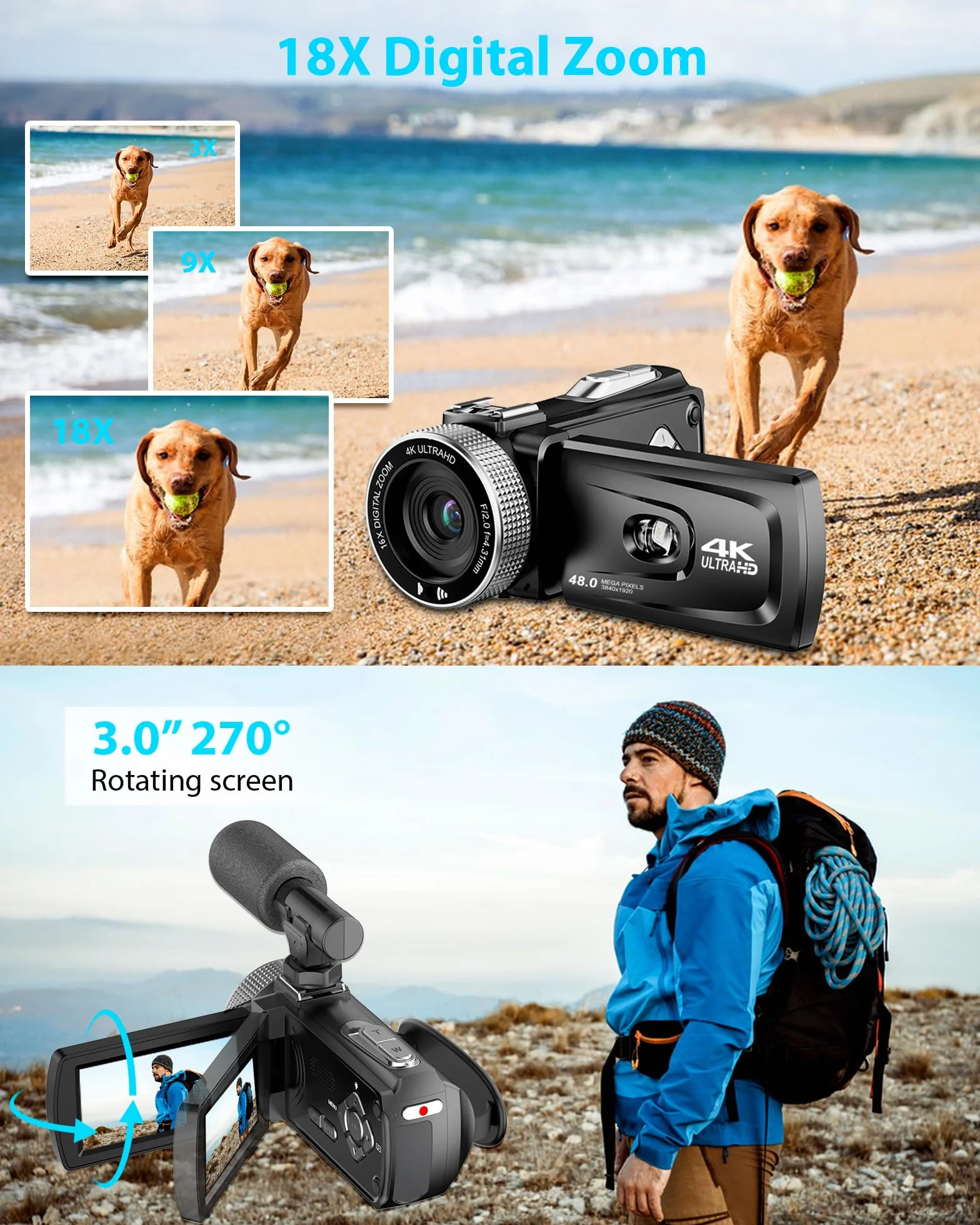 Videocamera 4K 48MP, Zoom Digitale 18X Camcorder, Vlogging Camera per YouTube, Schermo Rotante da 3,0" 270° Vlog Camera, Video Kamera con Scheda da 32 GB, 2 Batterie, Microfono, Telecomando (HDV900-2)