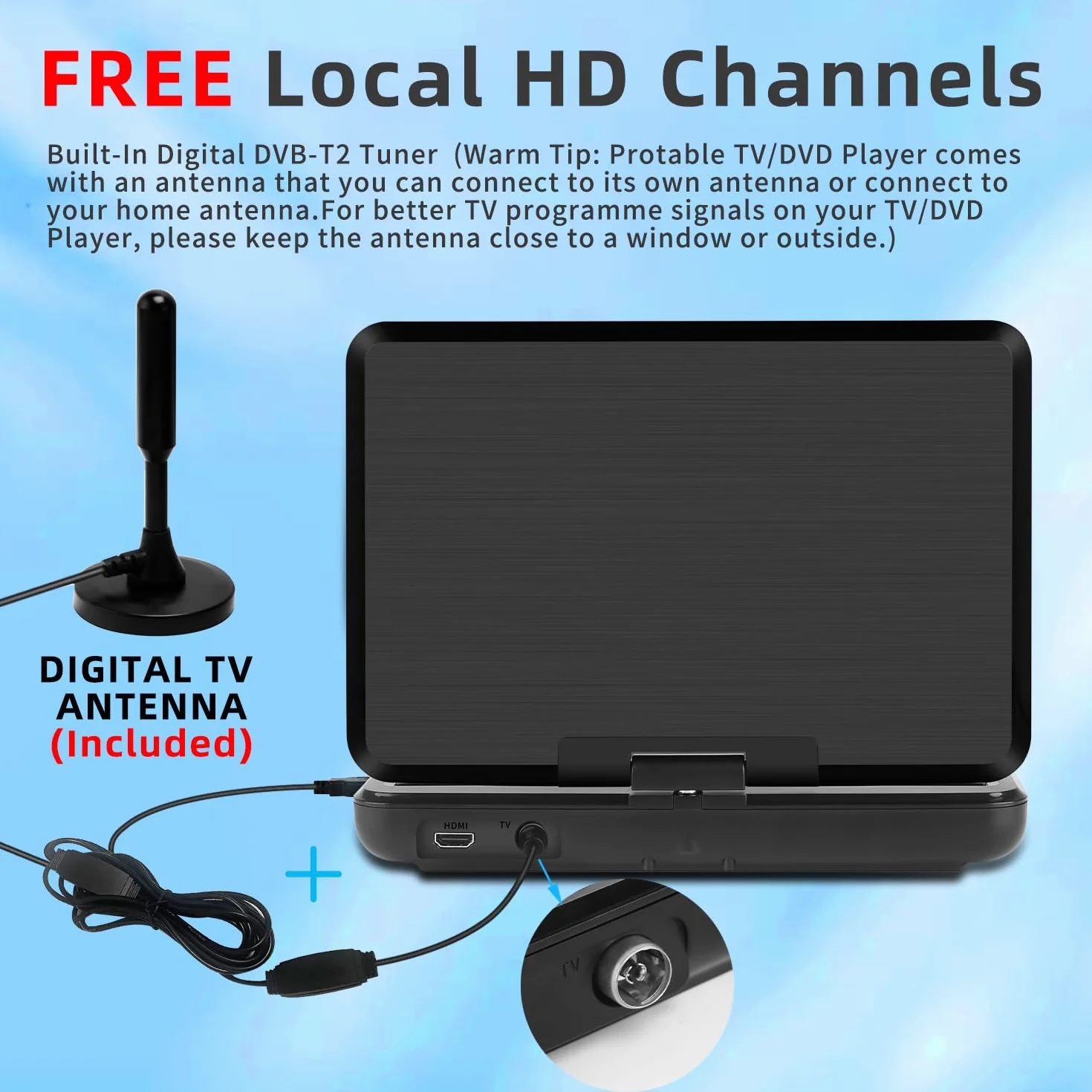KCR Lettore DVD Portatile da 10,1 Pollici con TV DVB-T2 Integrata, Schermo LED Girevole, USB/HDMI/AV, Batteria Ricaricabile