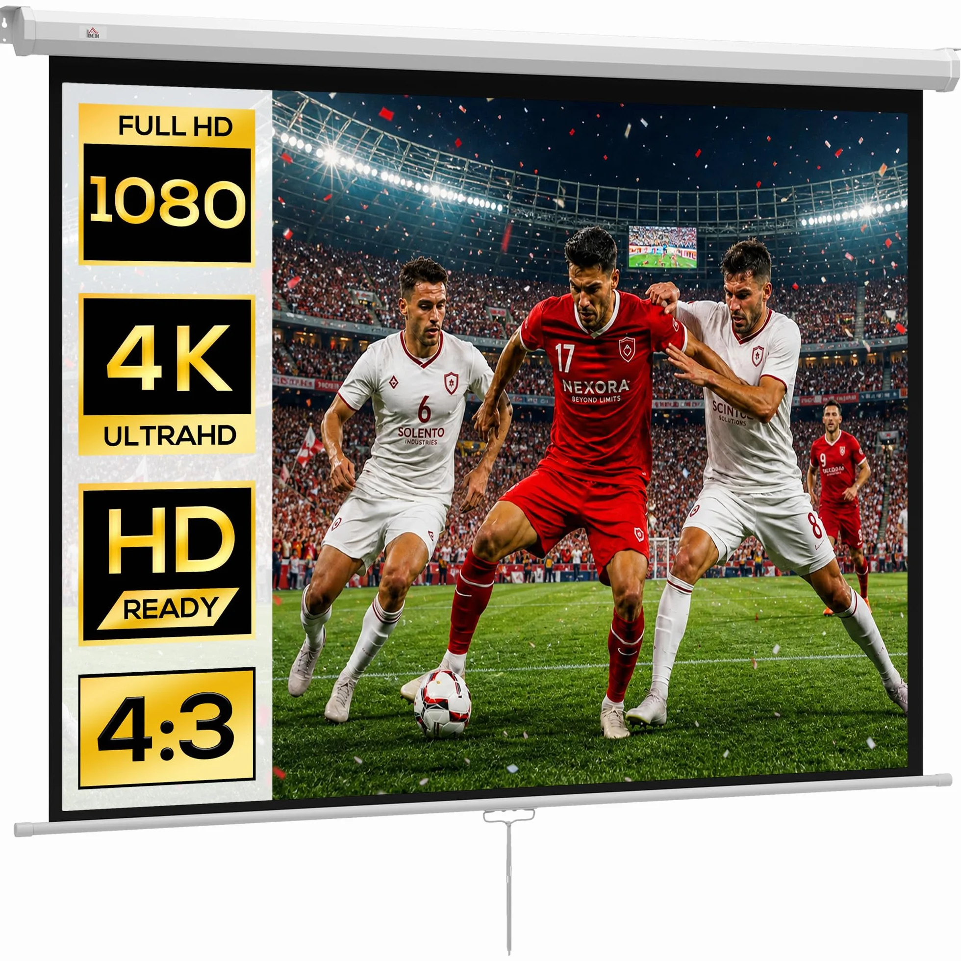 HOMCOM Telo Proiettore da 84 Pollici 4K HD Formato 4:3, Altezza Regolabile Manuale, Schermo Proiettore da Parete Soffitto, Grandangolo 160°, Telo Videoproiettore per Casa Home Cinema Ufficio, Bianco