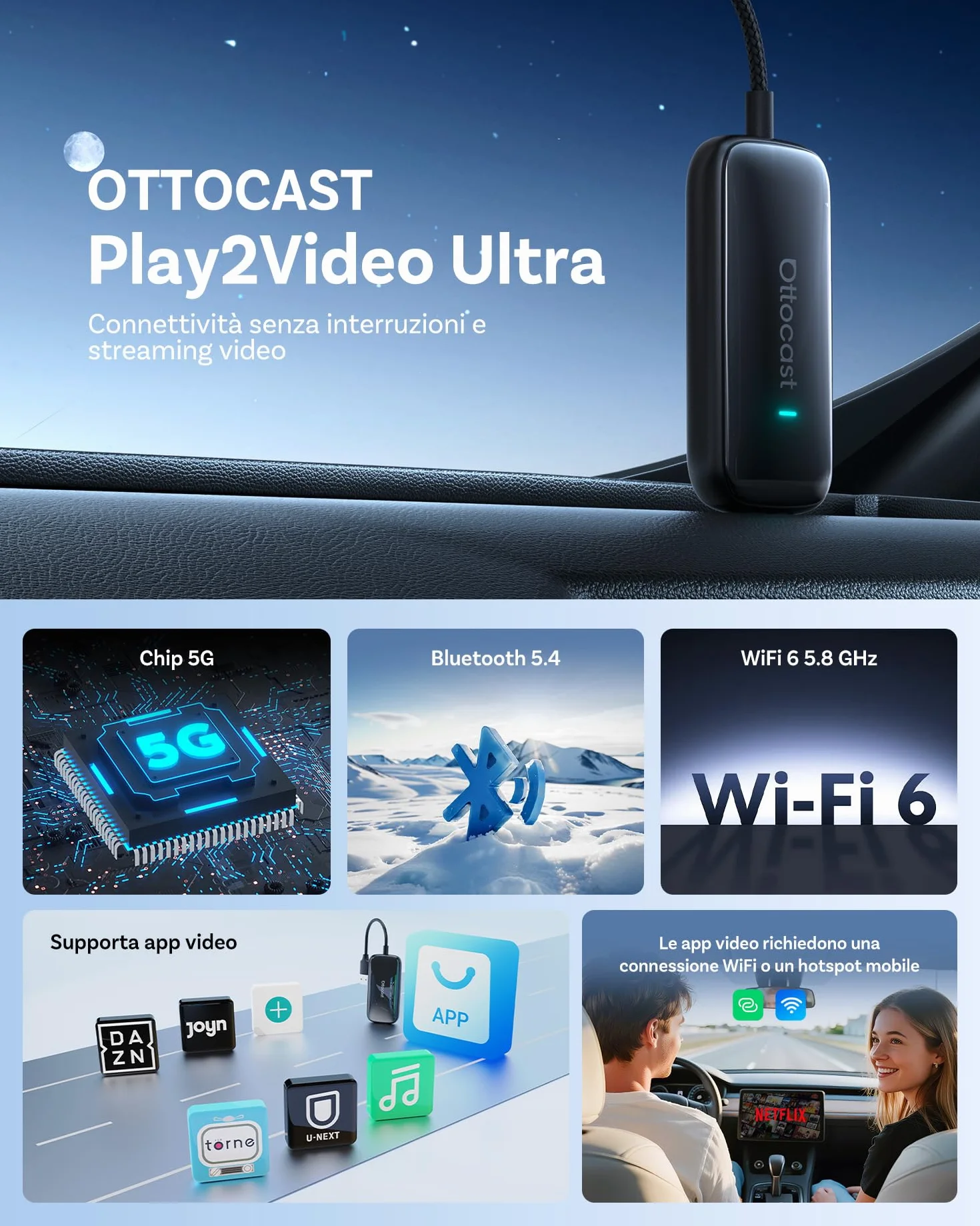2026 Nuovo OTTOCAST Play2video Ultra, Adattatore CarPlay & Android Auto Wireless con YouTube Netflix, Plug & Play Chip 5G, WiFi6, 4GB+32GB Carplay AI Box per auto con CarPlay cablato dopo il 2016