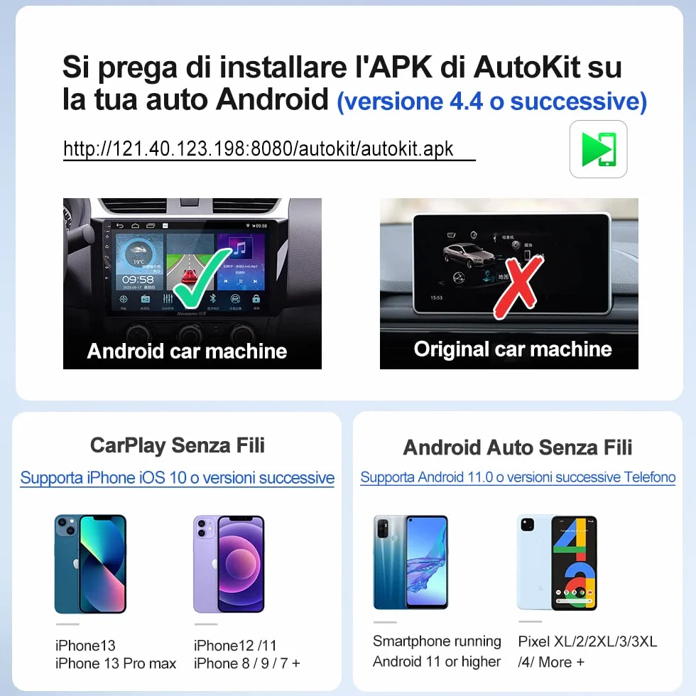 Carlinkit Nuovo adattatore auto CarPlay/Wireless Android senza fili per radio Android aftermarket versione 4.4+, necessità di installare APK su auto, supporto specchio cablato/IOS 16