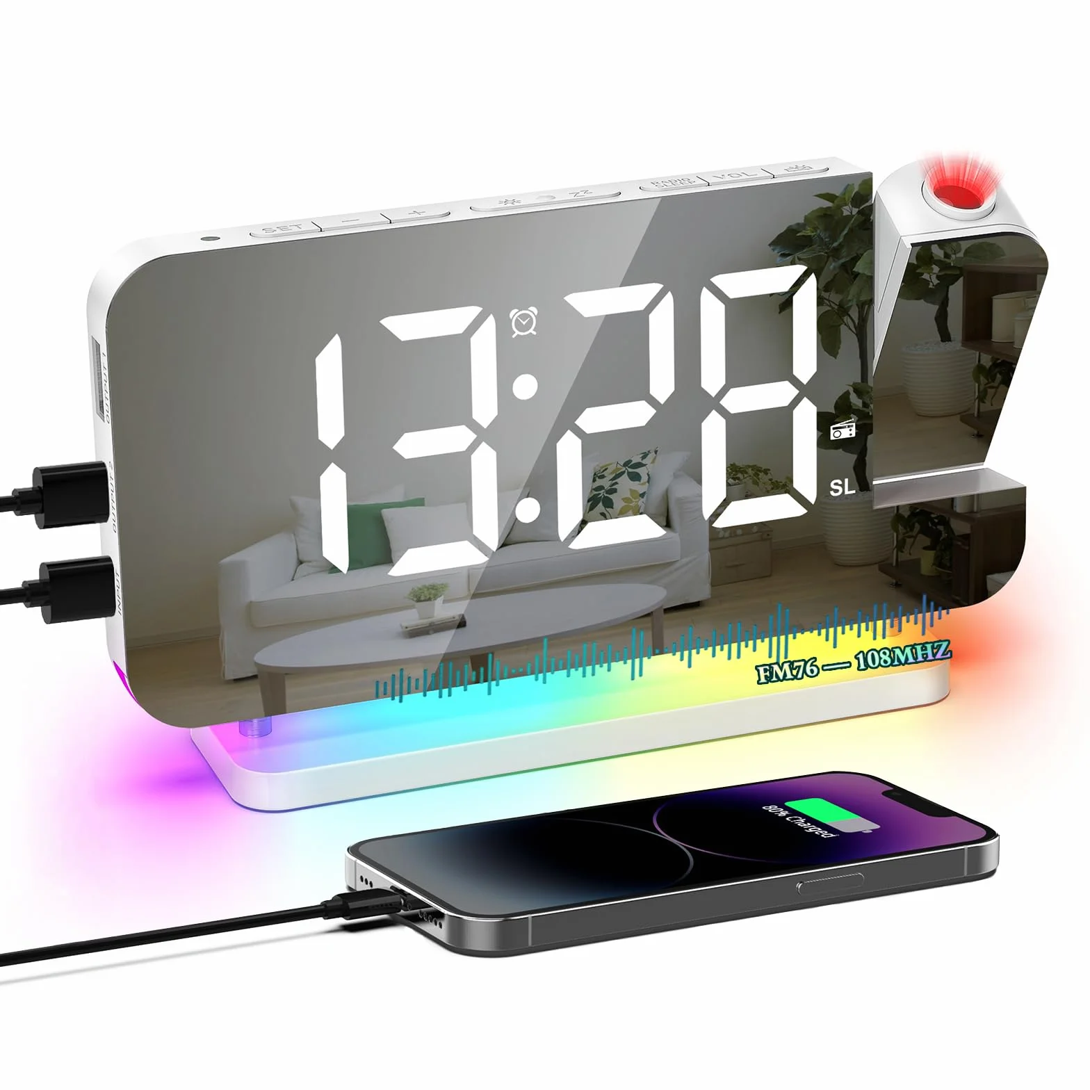 Radiosveglia Digitale con Proiezione e FM 6 Livelli Luminosità Schermo 4 Proiezione Snooze