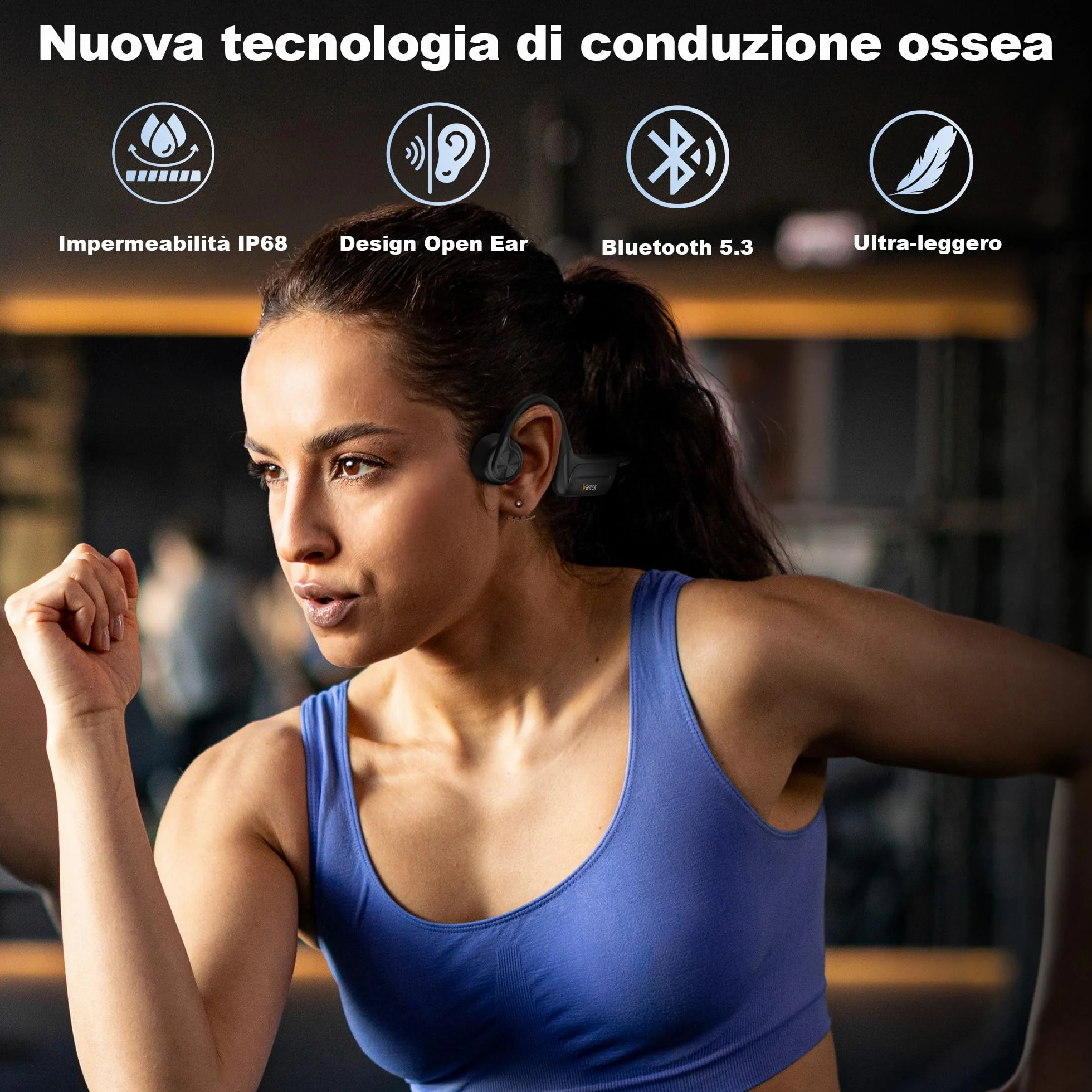 Wantek Cuffie Conduzione Ossea Bluetooth, Auricolari Open-Ear Wireless con Lettore MP3 32GB,IP68 Impermeabili,per Nuoto,Corsa,Ciclismo,Allenamento e Nuoto Auricolari Sportivi