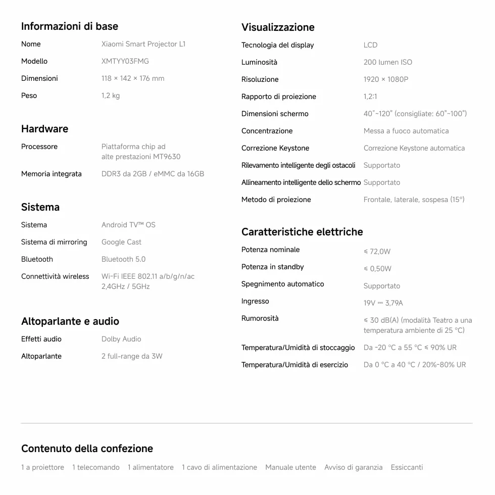 Xiaomi L1 Proiettore Intelligente 1080P con Google TV & Netflix, Proiettore Portatile Home Cinema, Autofocus & Keystone, HDR10/HLG, Schermo 120", WiFi 5G Bluetooth, Audio Dolby