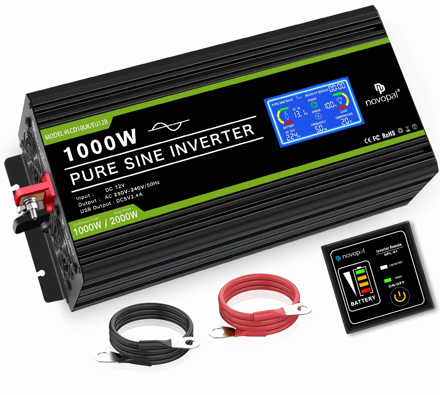 NOVOPAL 1000W Pure Sine Wave Power Inverter DC 12V to AC 220V with LCD Display USB EU Plug Remote Control for Truck Camper Car