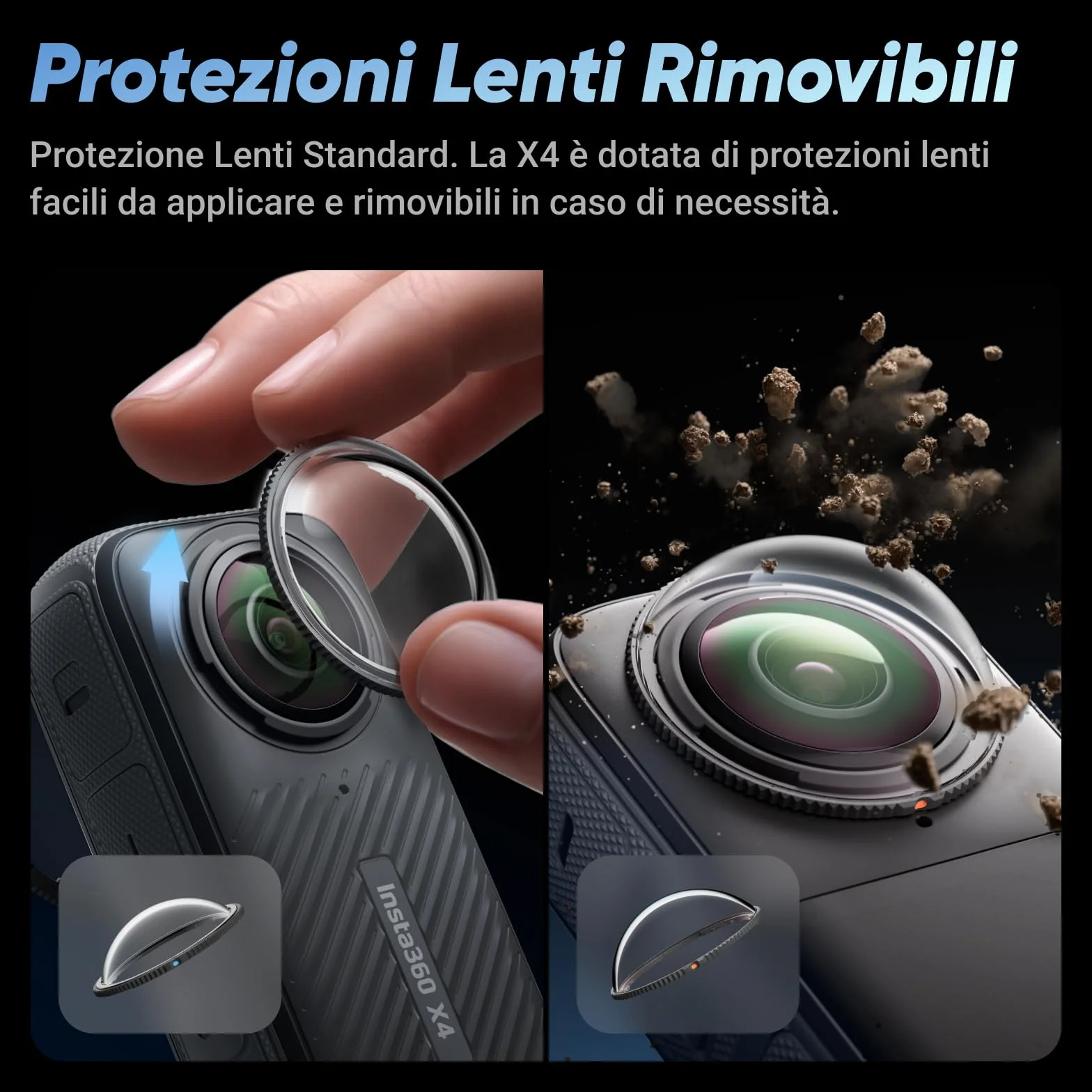 Insta360 X4 Starter Pack - Action Cam 360° 8K Impermeabile, Video Grandangolari in 4K, Selfie Stick Invisibile. Protezioni Lenti Rimovibili, Autonomia Batteria 135 min, Editing IA, Stabilizzazione