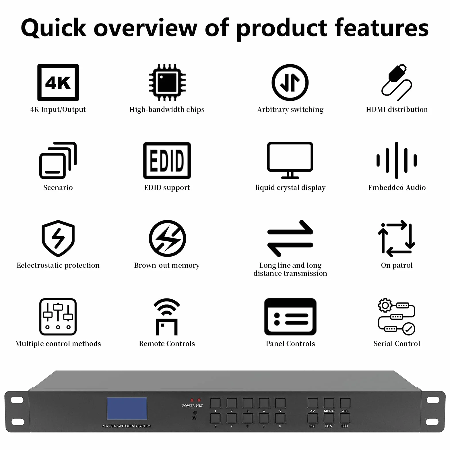 ICUIXIAN Switch a matrice HDMI 16x16 4K/30Hz-1080P/120Hz, matrice HDMI a 16 ingressi-16 uscite supporta Web GUI, RS232 e telecomando IR, EDID, HDCP, Dolby Digital, DTS-HD trasmissione audio principale