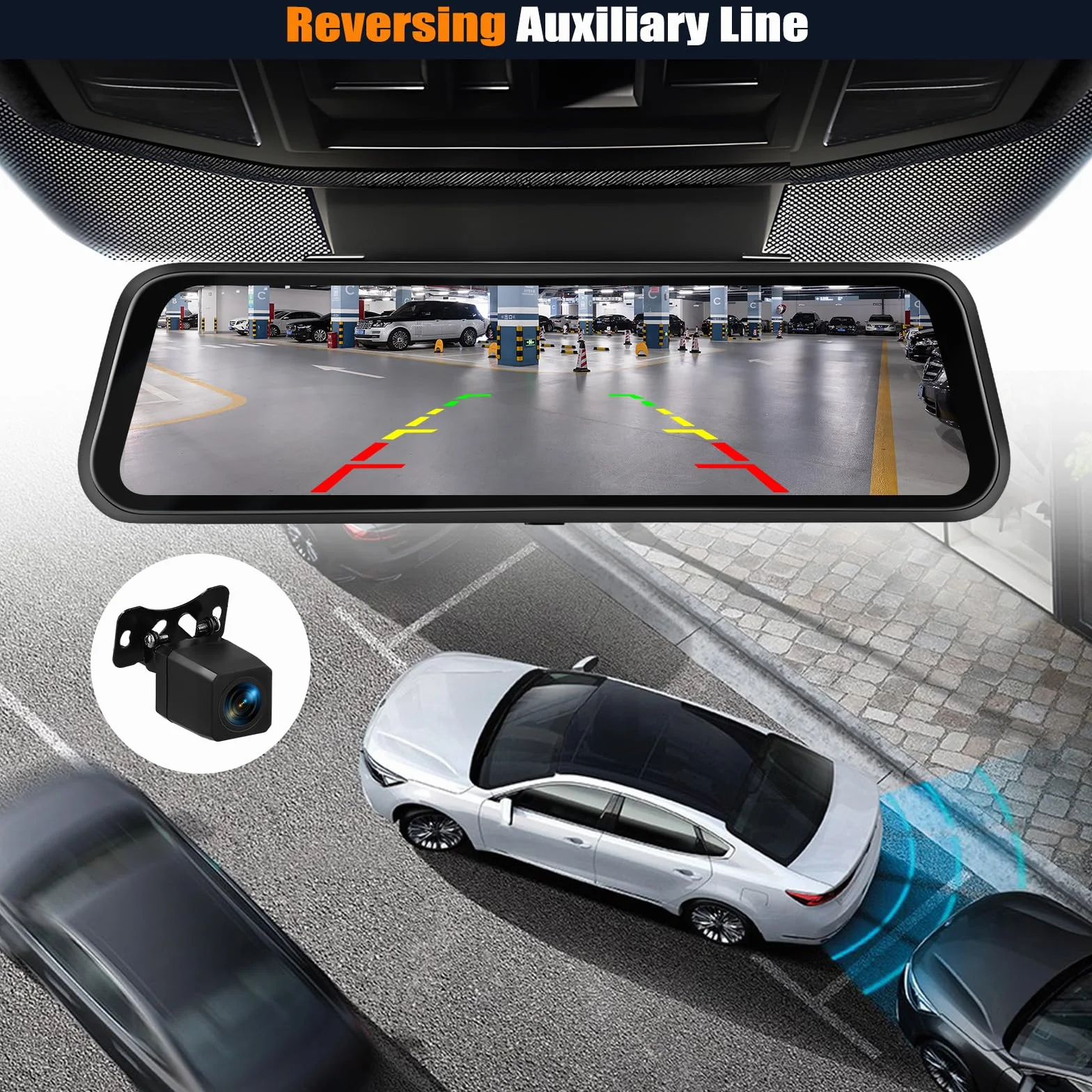 CAMECHO 9.66 Pollici 2K Mirror Dashcam Auto con 2 Telecamere 1080P, Anteriore 150° e Posteriore Dash Cam 120° con Linea inversa, Visione Notturna, Sensore G, Scheda da 64 GB WIFI APP