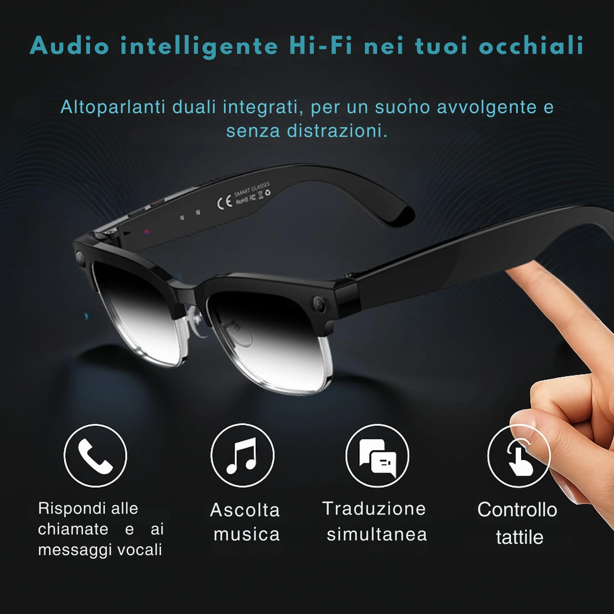 smartia – Occhiali Intelligenti con Fotocamera, Modello 2026, App in Italiano, Occhiali Bluetooth Suono Hi-Fi, IA GPT 5 integrata da Voice, Glasses Fotocromatici, Fotocamera da 33 MP 4K
