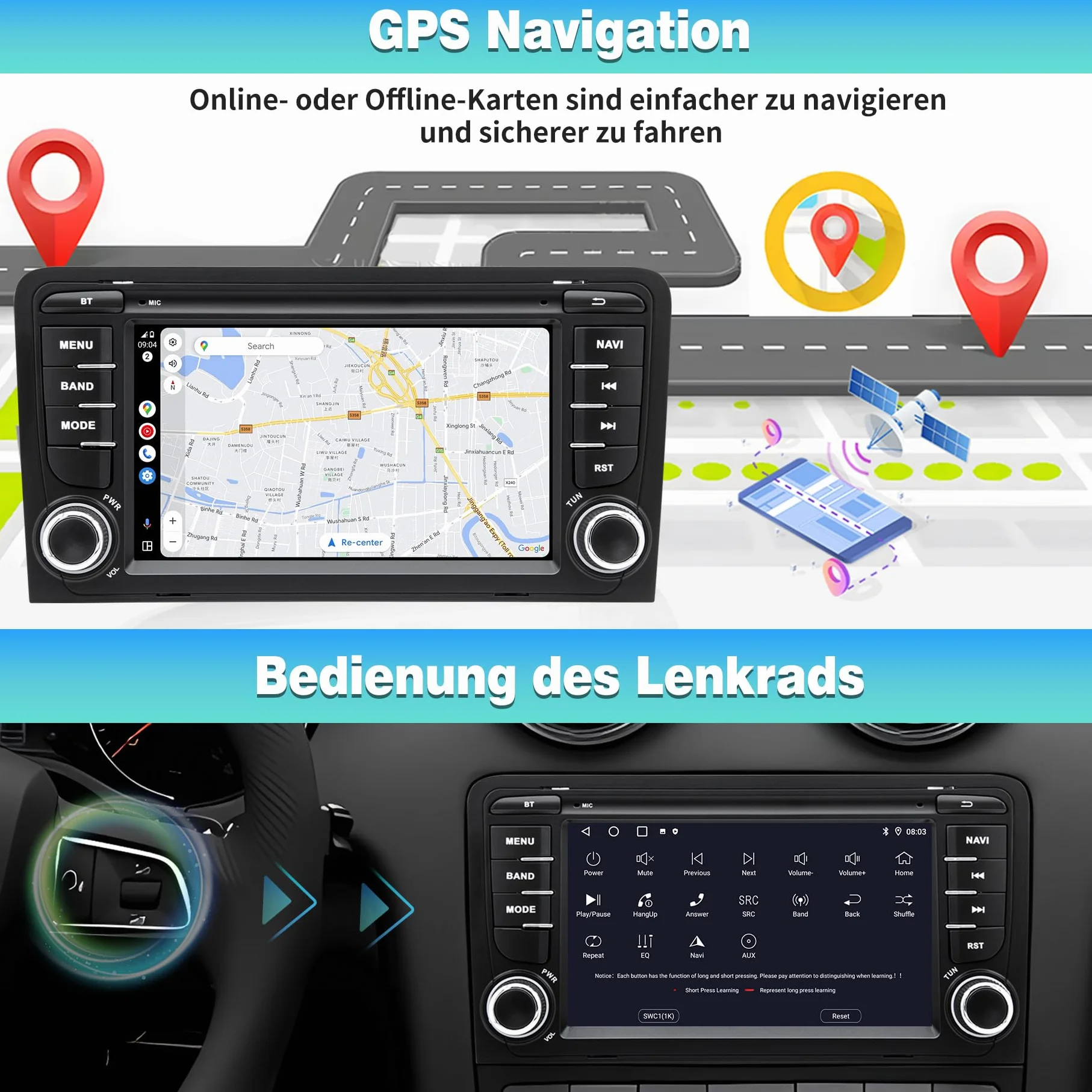 Autoradio Android 13 per Audi A3/S3/RS3 8P (2003-2012), touchscreen HD da 7 pollici, CarPlay/Android Auto wireless, Navigazione GPS, Wi-Fi, Bluetooth + Telecamera posteriore HD, Comandi al Volante