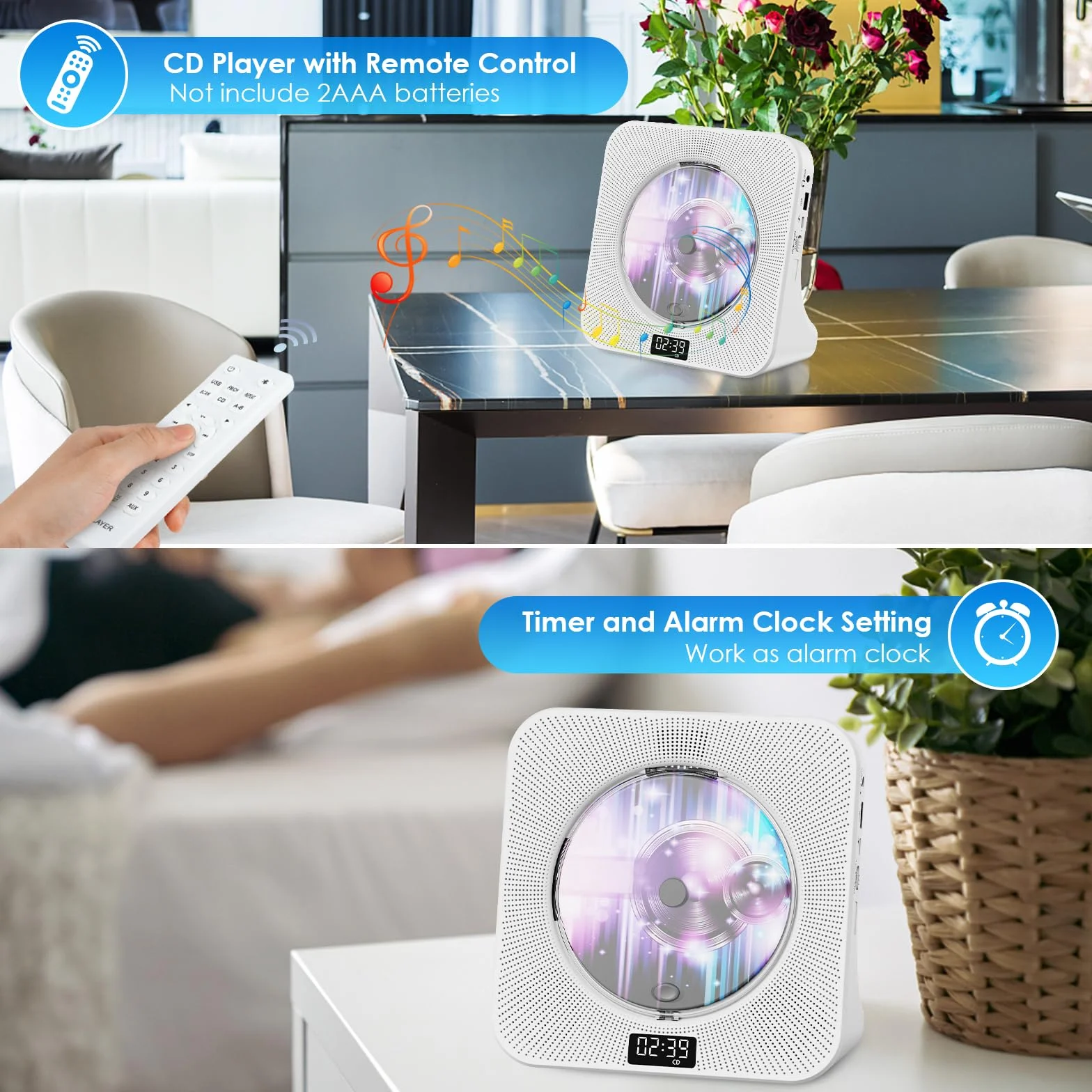 Gueray Lettore CD Desktop Bluetooth Con Altoparlanti Per La Casa - Portatile Con AUX USB Cuffia Jack FM Radio HiFi - Boombox Con Telecomando Display LCD Per Bambini Regalo