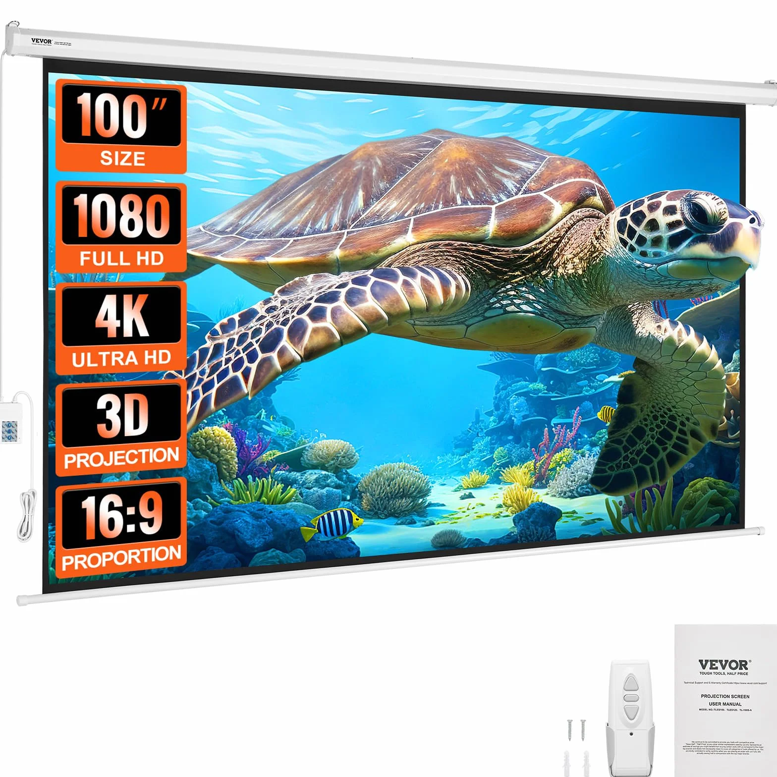 VEVOR Schermo di Proiezione Motorizzato 100 pollici 16:9 HD 4K 1080, Tela di Proiezione Antirughe con Telecomando Ampio Angolo di Visione Montaggio a Parete per Videoproiettori Home Theater Interno
