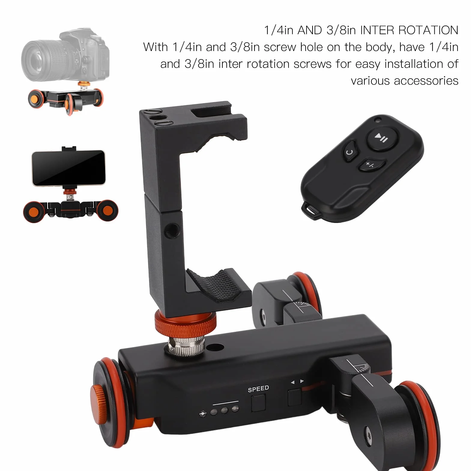 Goshyda Cursore per Videocamera Elettrica, Carrello per Videocamera Wireless a 3 Ruote, Carrello per Binario Motorizzato a 3 velocità, con Clip per Telefono con Telecomando, per Vlog, Riprese Video