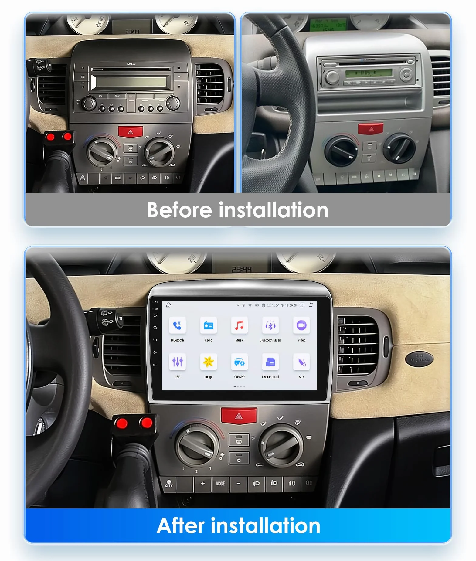 Autoradio Android 13 per Lancia Ypsilon 2006-2011 con Wireless Carplay Android Auto 8-Core 4G+32G Schermo QLED WiFi Navigazione Bluetooth 5.0