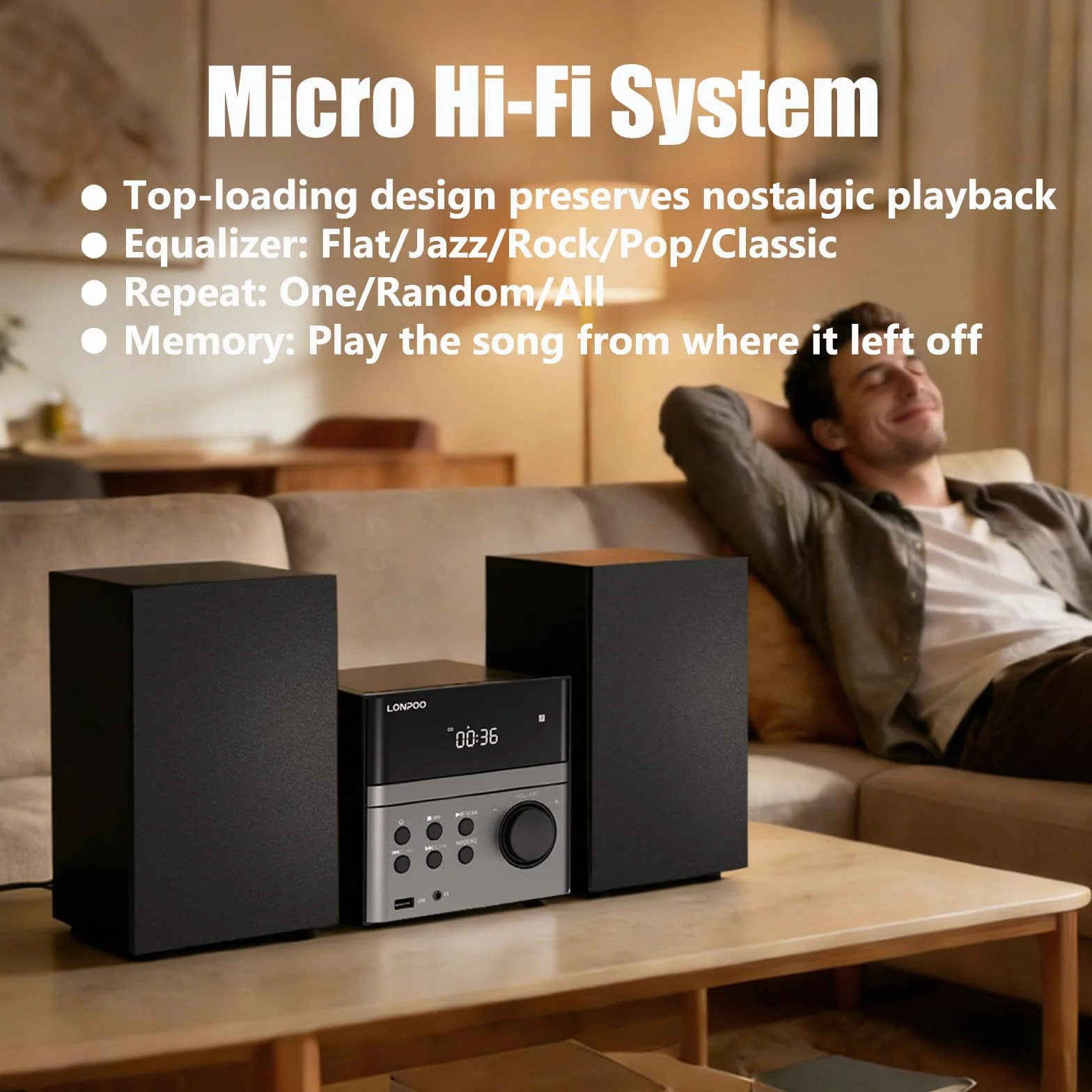 LONPOO Impianto Stereo Casa - 30W Micro HiFi Compatto con lettore CD, Bluetooth, radio FM, USB, AUX-in, display LED e pulsante grande, telecomando (LP-128)